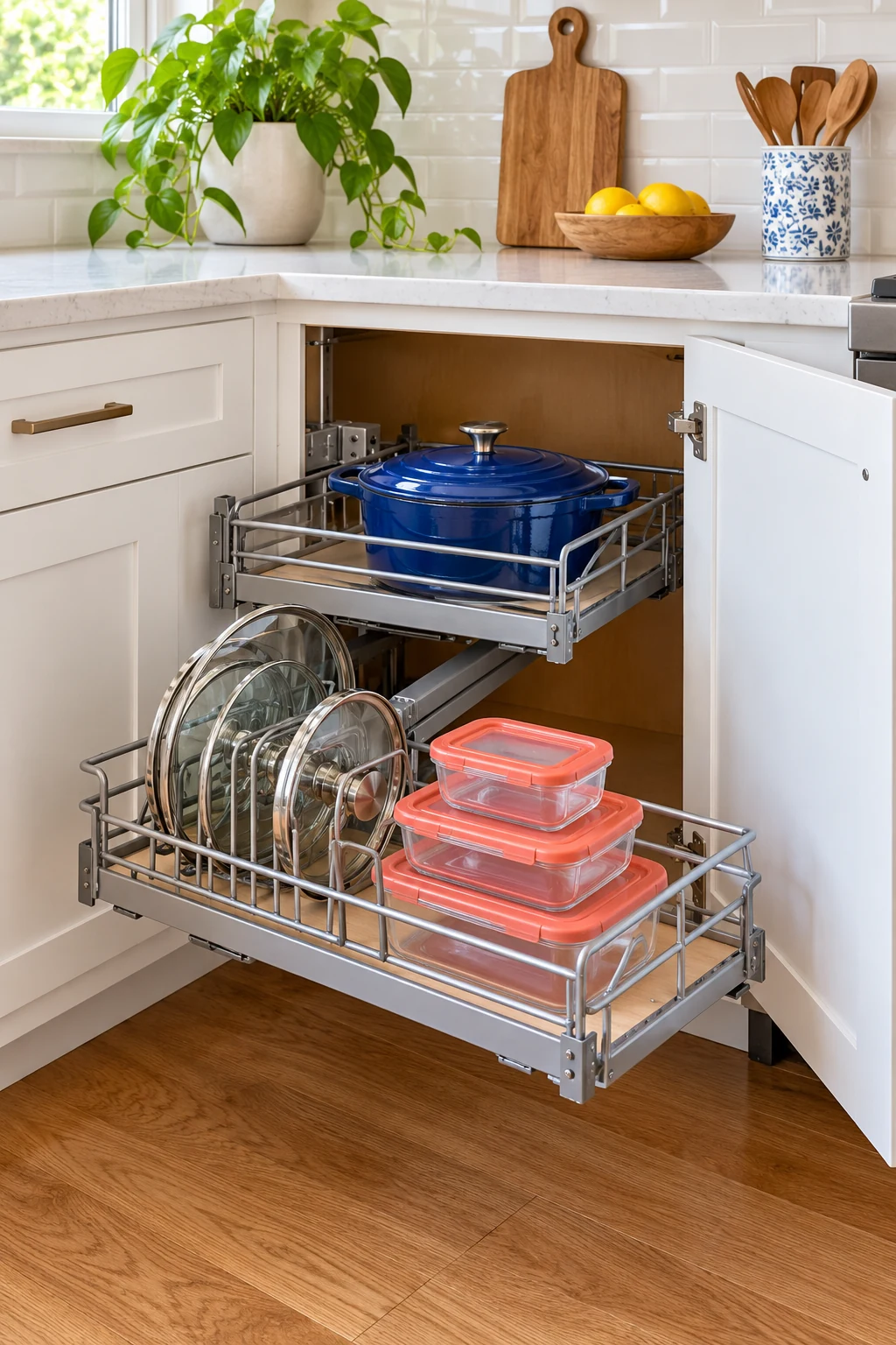 Corner cabinet with extended metal baskets holding a blue pot, lids and coral-lidded food containers.