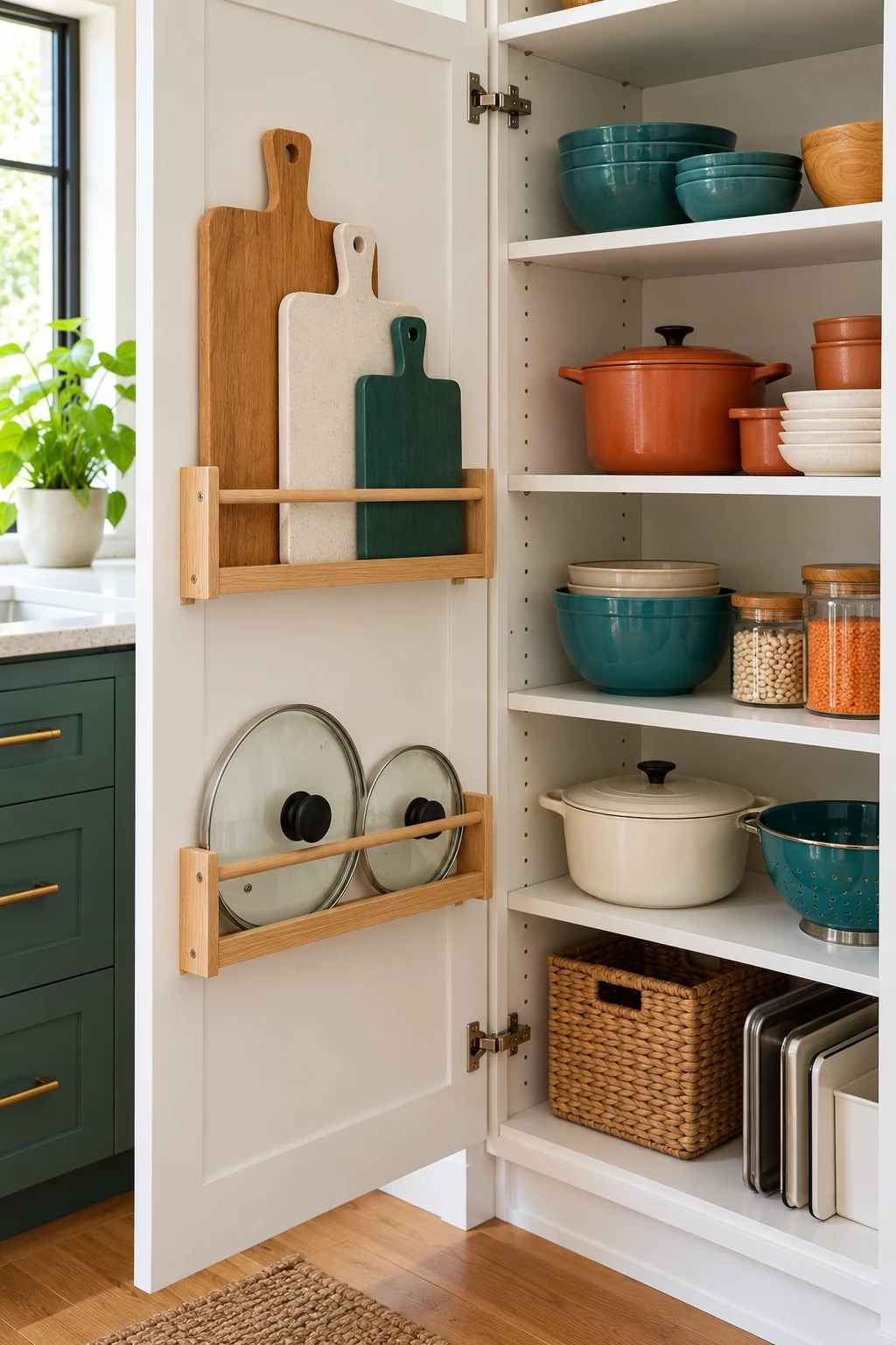 Open kitchen cabinet with shallow door racks for cutting boards and lids beside teal bowls and terracotta cookware.