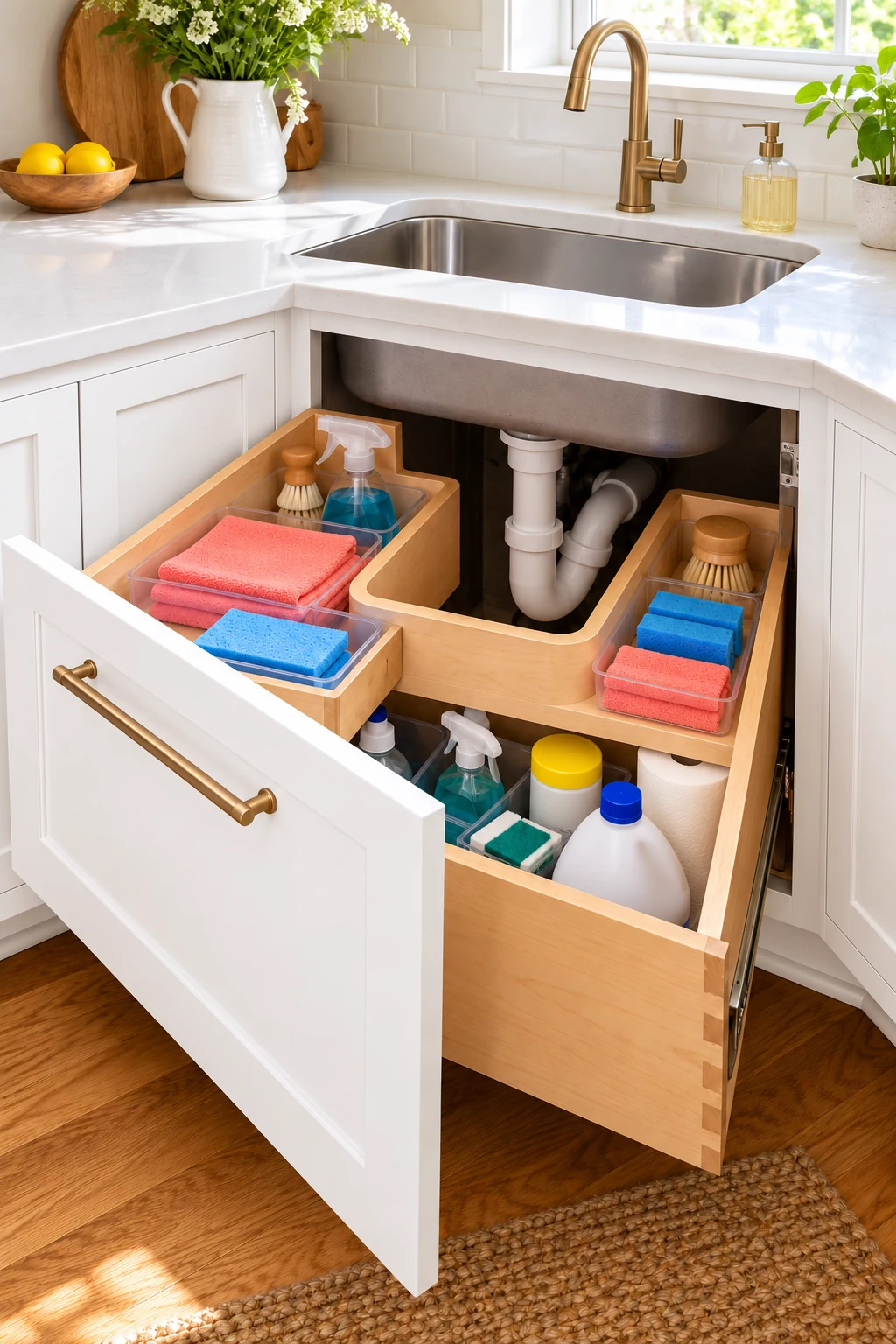 White corner sink cabinet with a U-shaped drawer organizing coral cloths and blue sponges around plumbing.