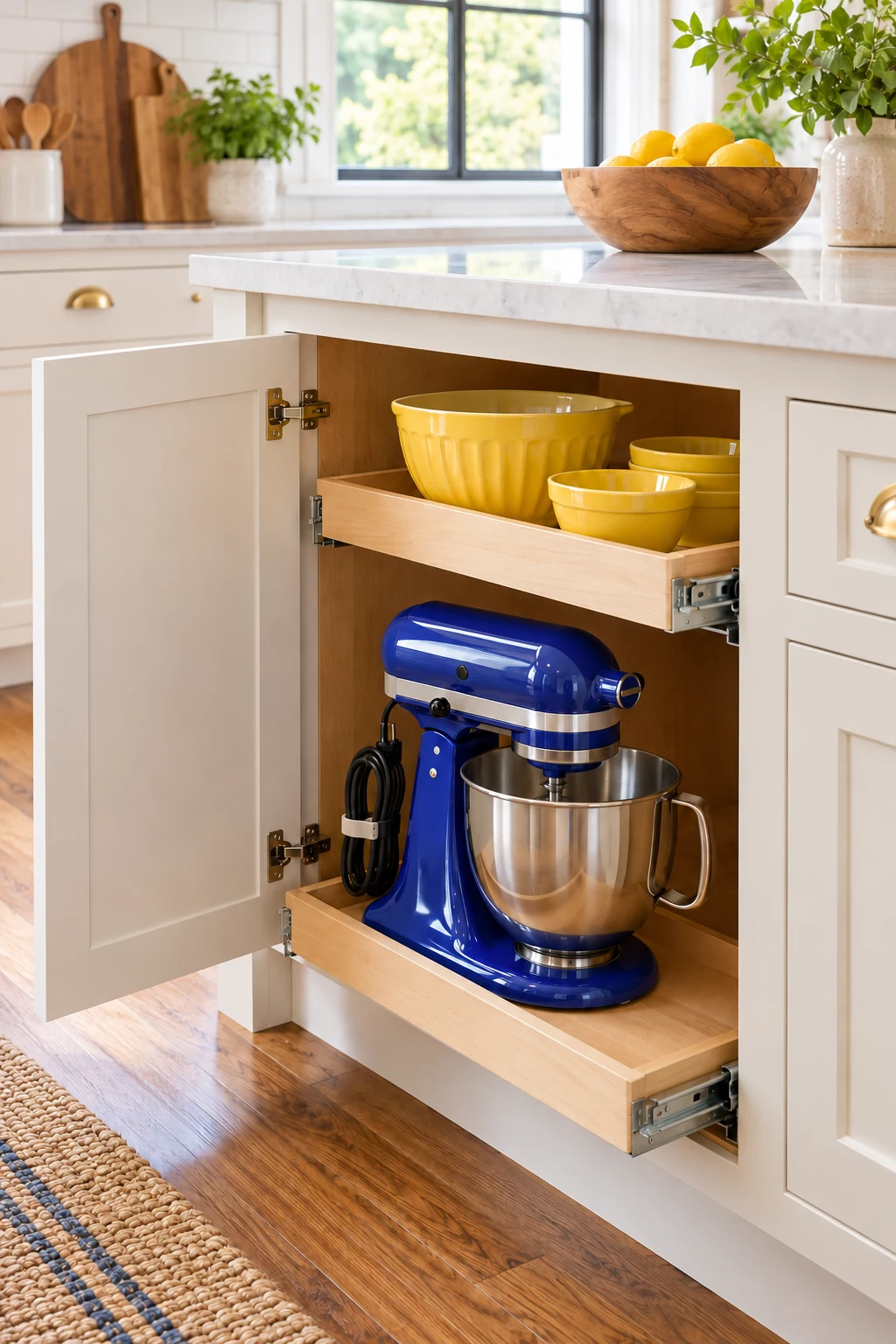Cobalt stand mixer stored on a pull-out oak shelf below yellow mixing bowls.