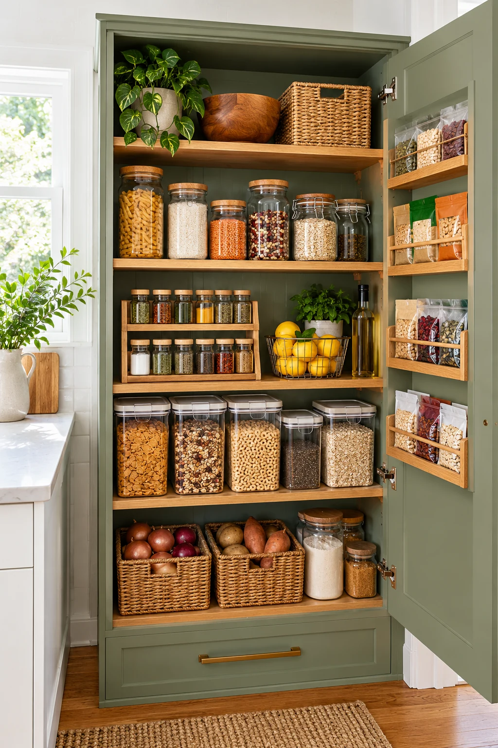 Sage pantry with oak shelves, sealed grains, tiered spices, lemons and shallow door storage.