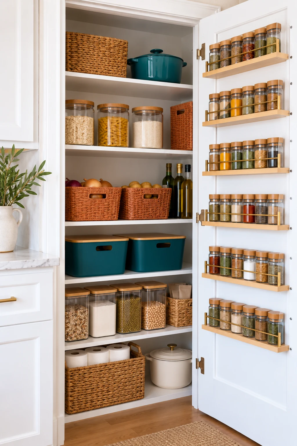 White pantry door fitted with spice racks beside teal bins and terracotta baskets.