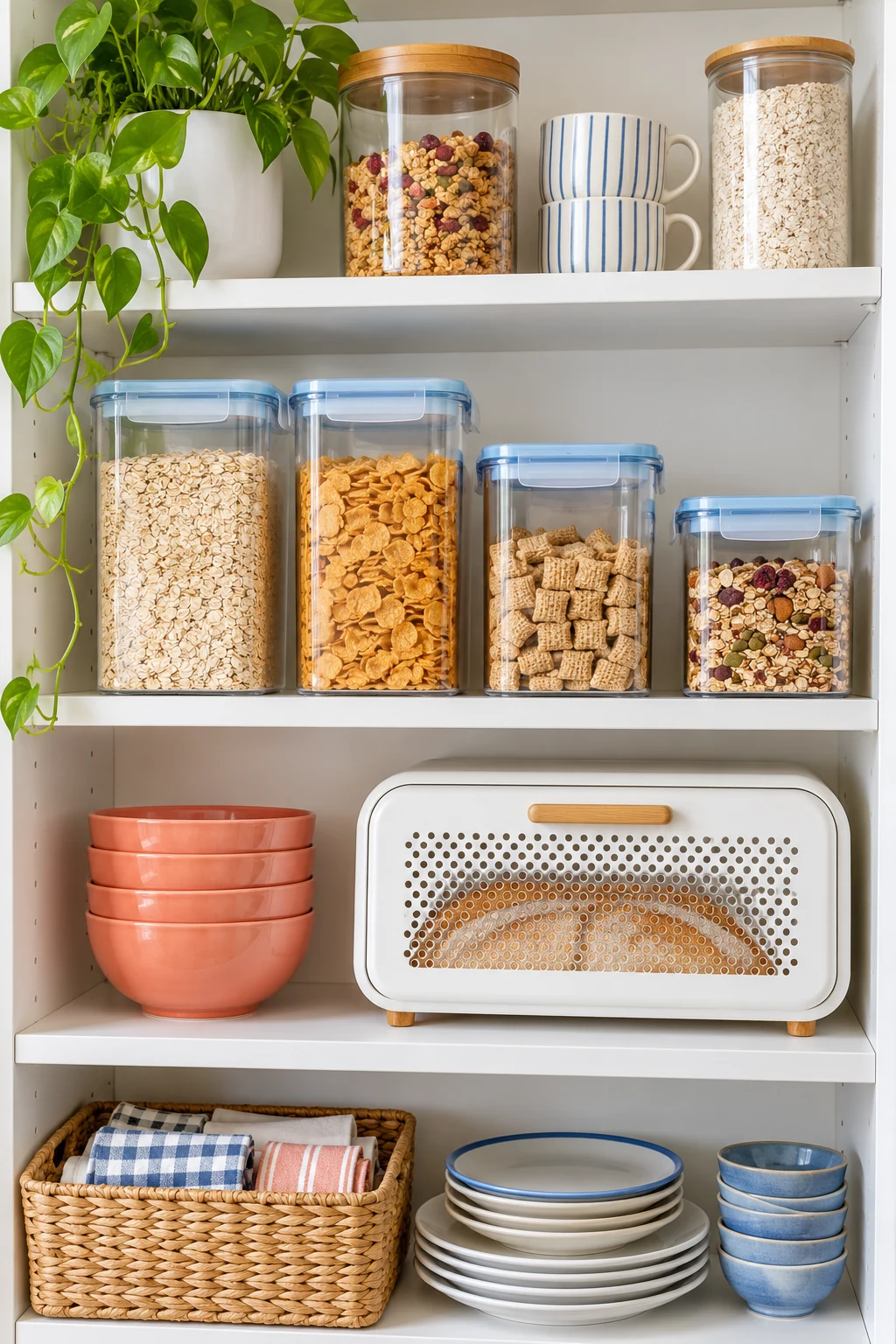 Breakfast pantry with blue-sealed cereal containers, coral bowls and a white ventilated bread box.