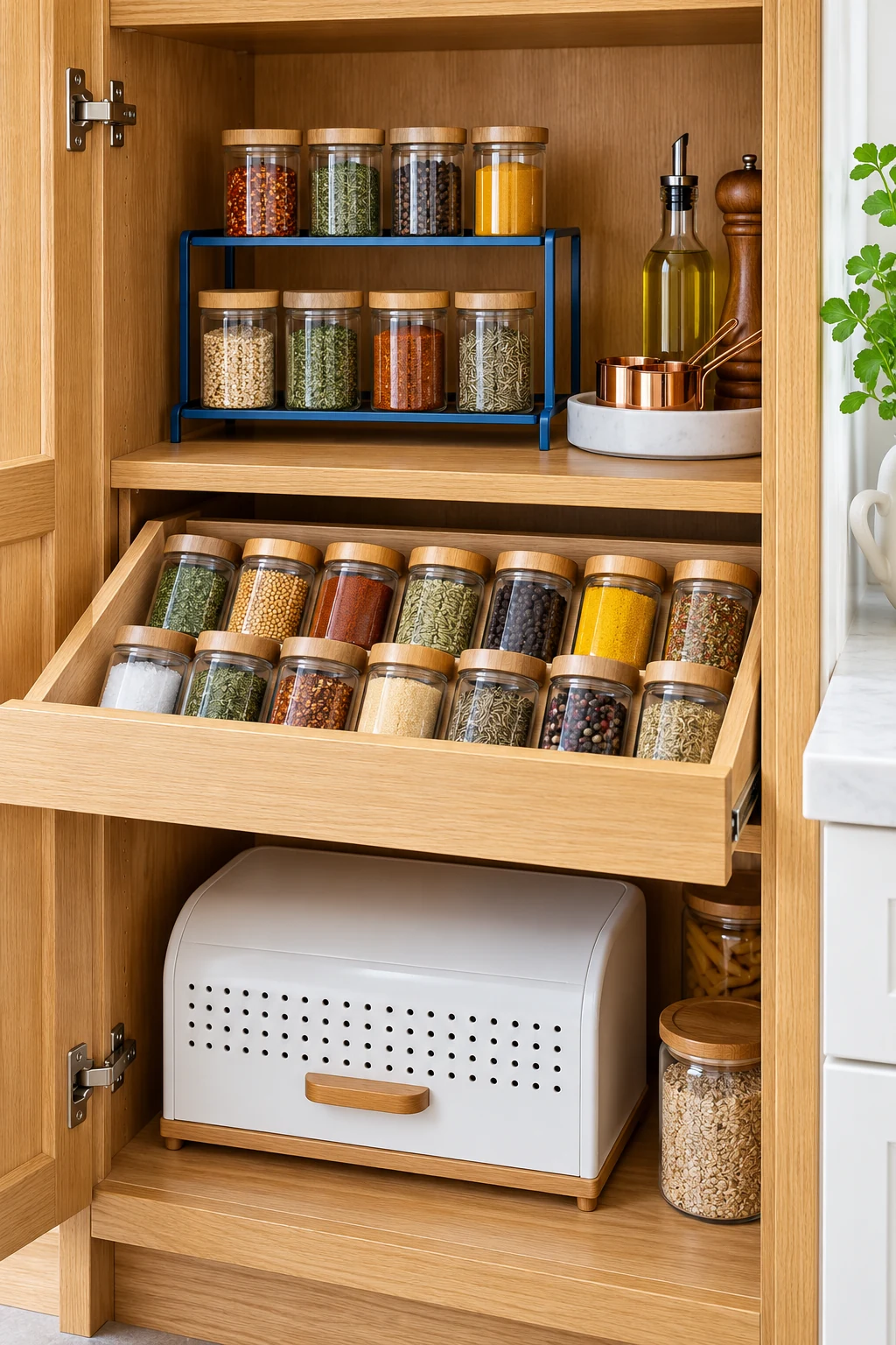 Oak pantry with blue spice riser, an open angled spice drawer and white bread box.