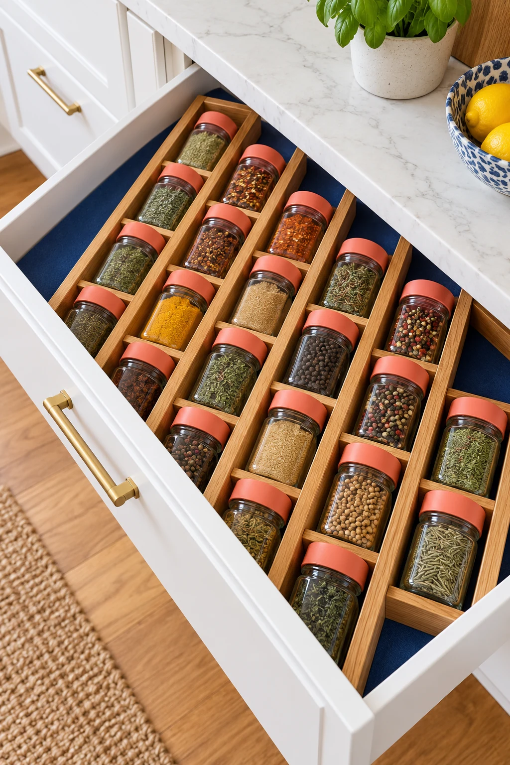 Open pantry spice drawer with coral-lidded jars in oak dividers over a cobalt liner.