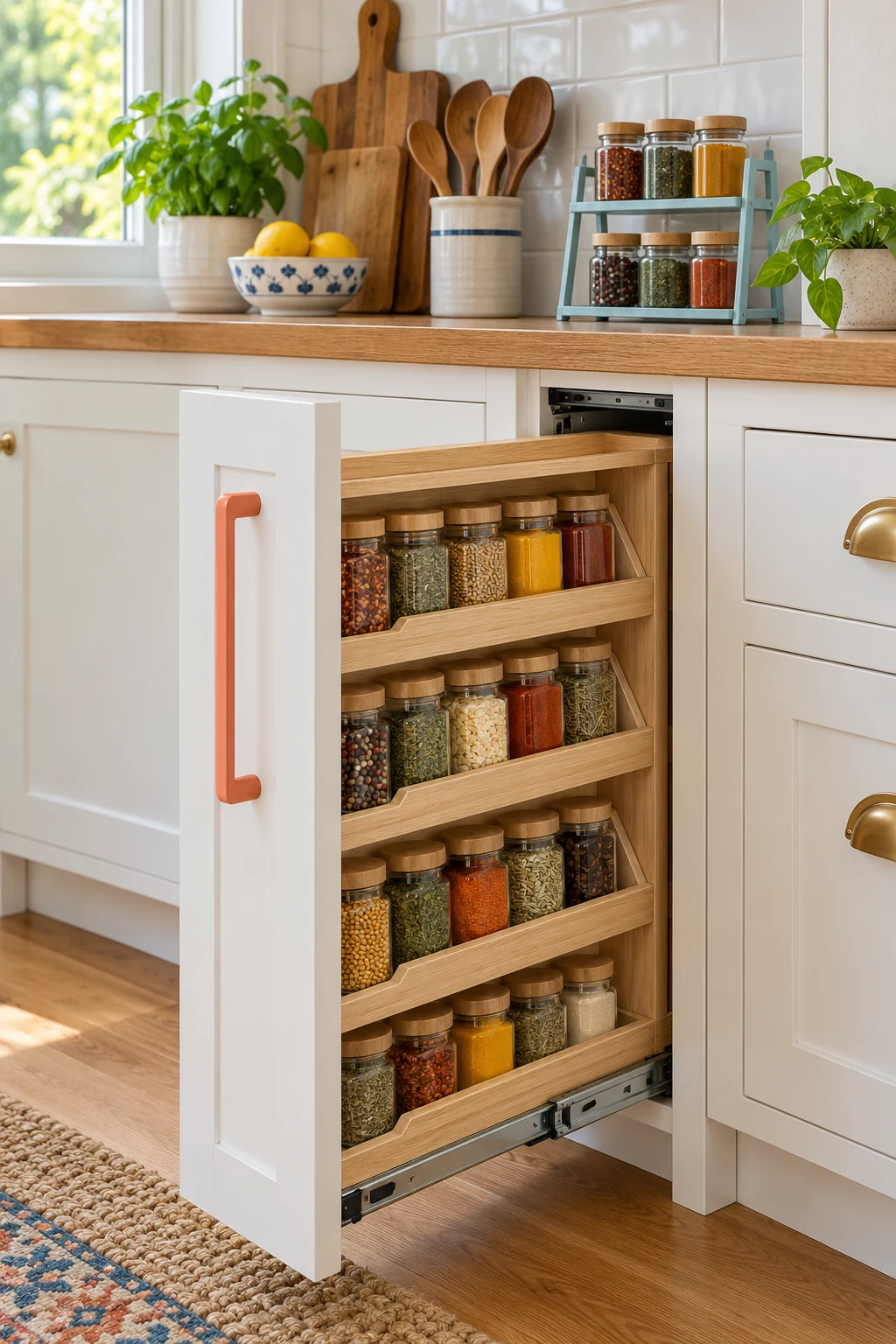 Narrow pull-out spice storage with oak shelves, coral handle and a sky-blue spice stand above.