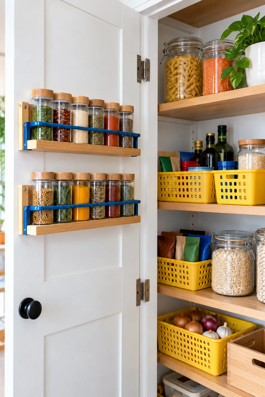 Door-mounted spice shelves with blue rails beside yellow pantry baskets.