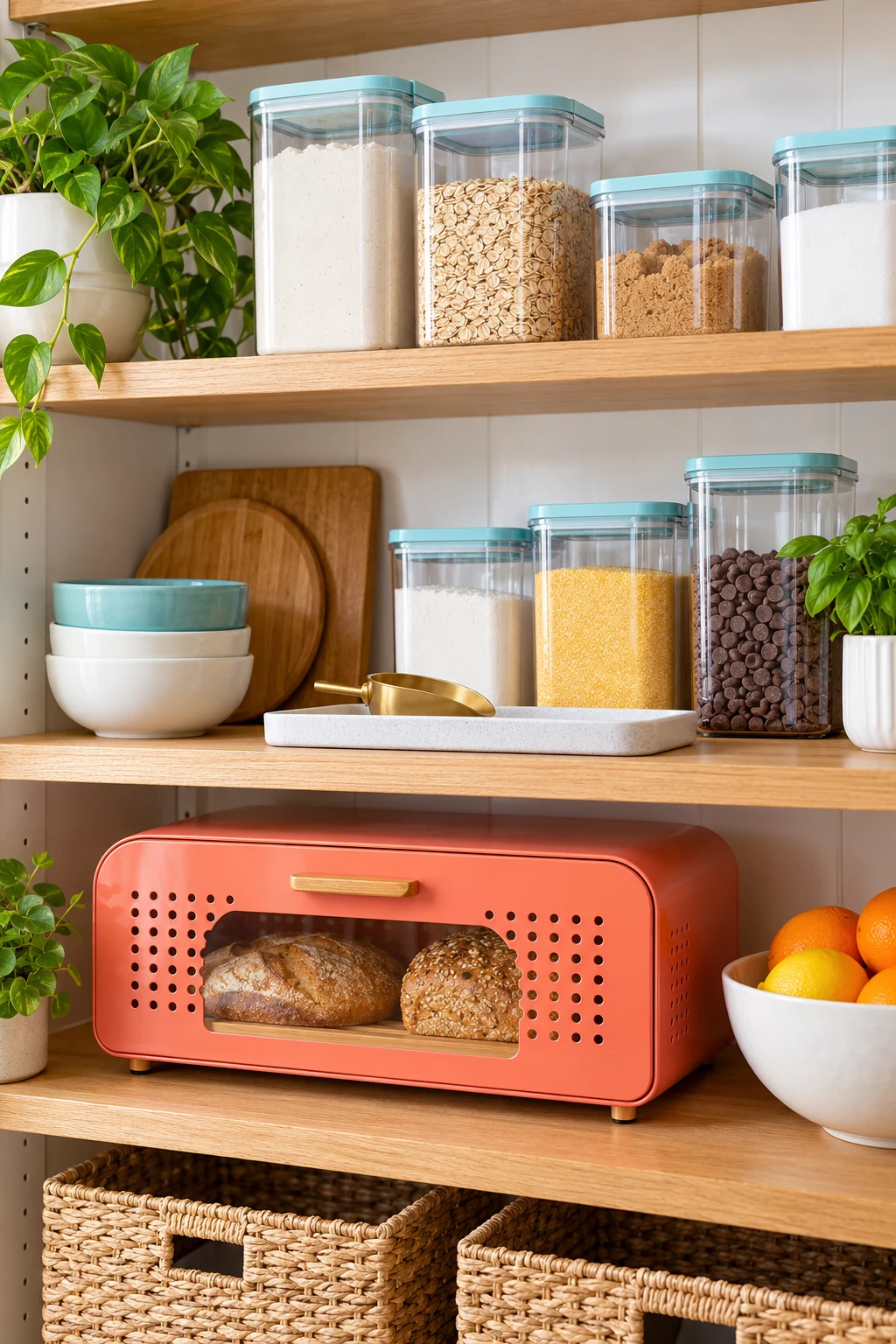 Coral ventilated bread box beneath clear baking containers with aqua lids on oak shelves.