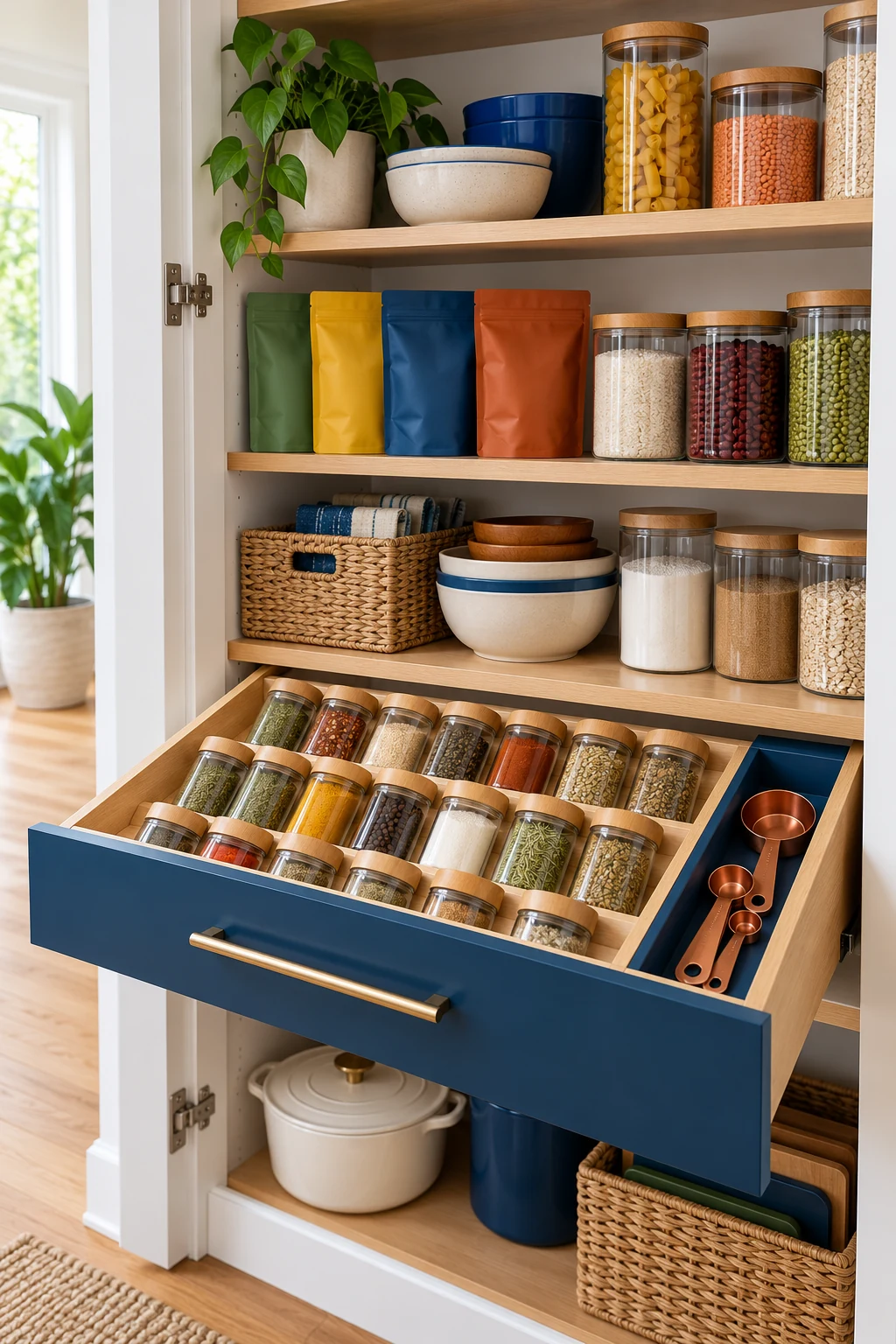 Open blue-front spice drawer with angled jars and copper measuring spoons in an oak pantry.