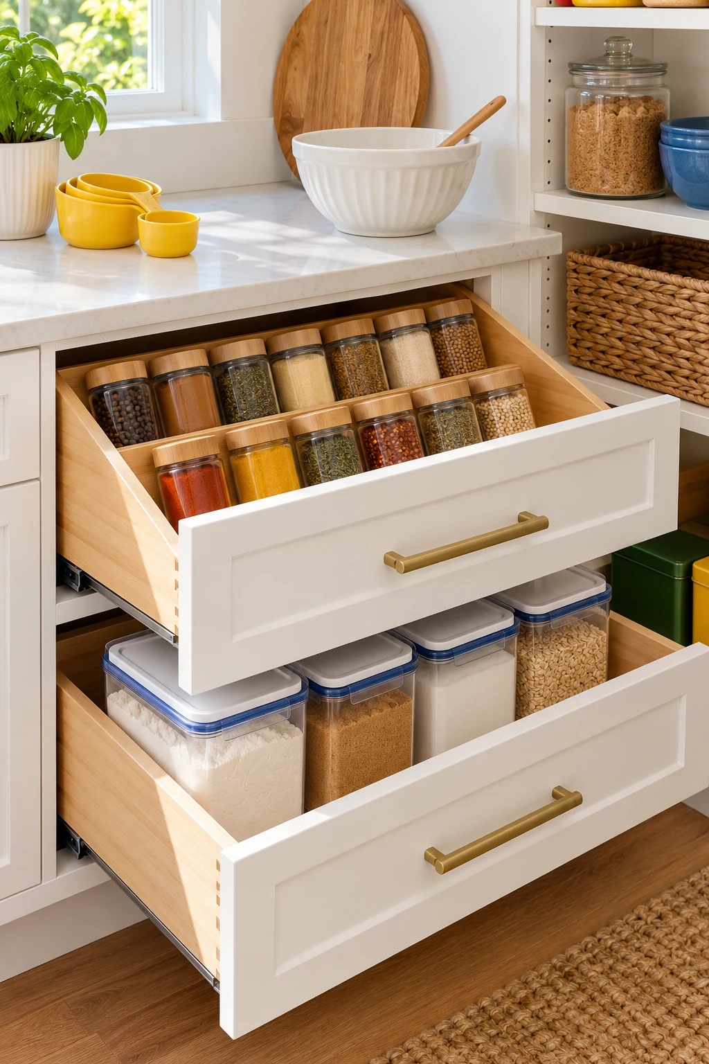 Two open pantry drawers with spice jars above blue-sealed baking containers and yellow measuring cups.