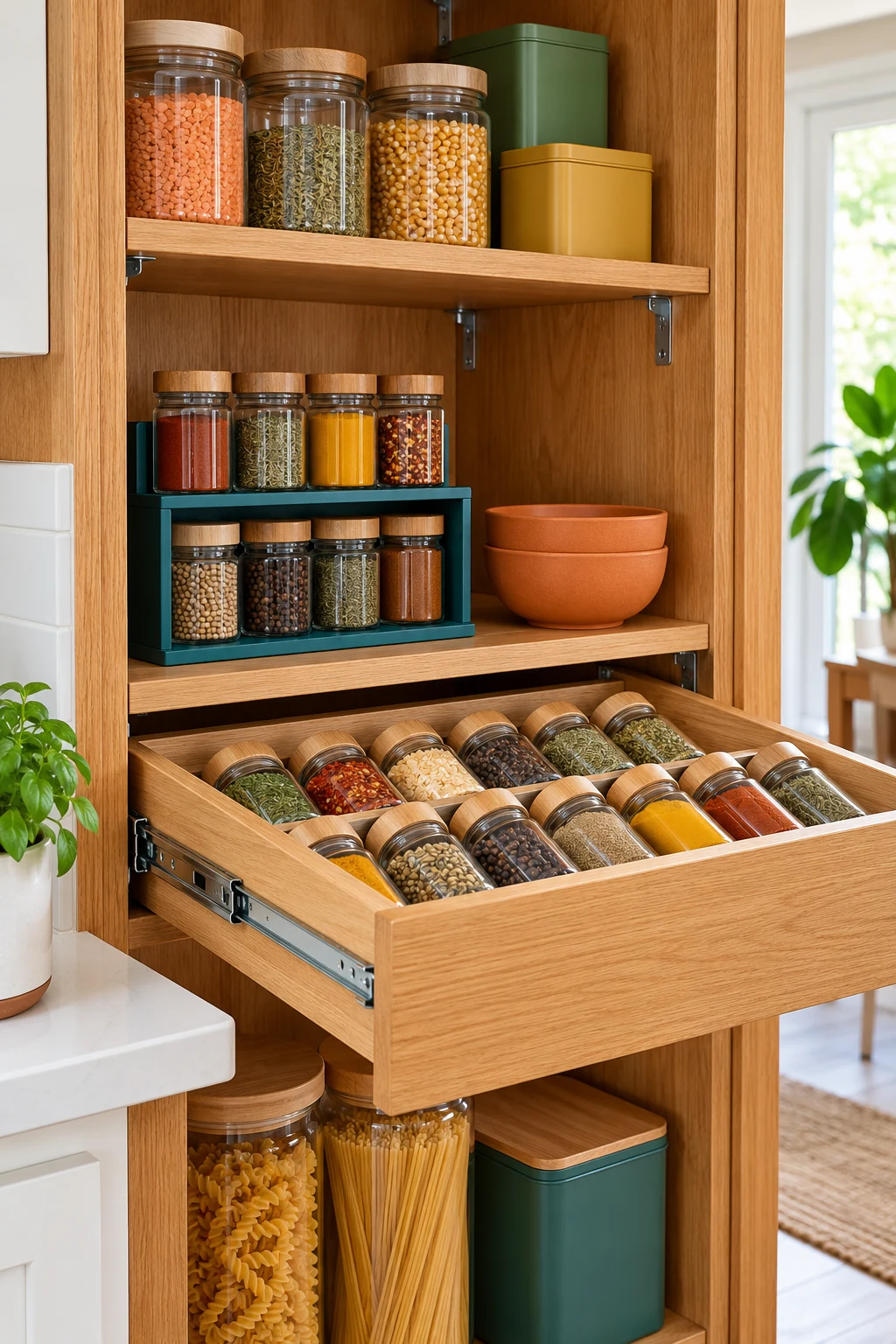 Oak pantry tower with a teal spice stand, terracotta bowls and an open spice drawer.