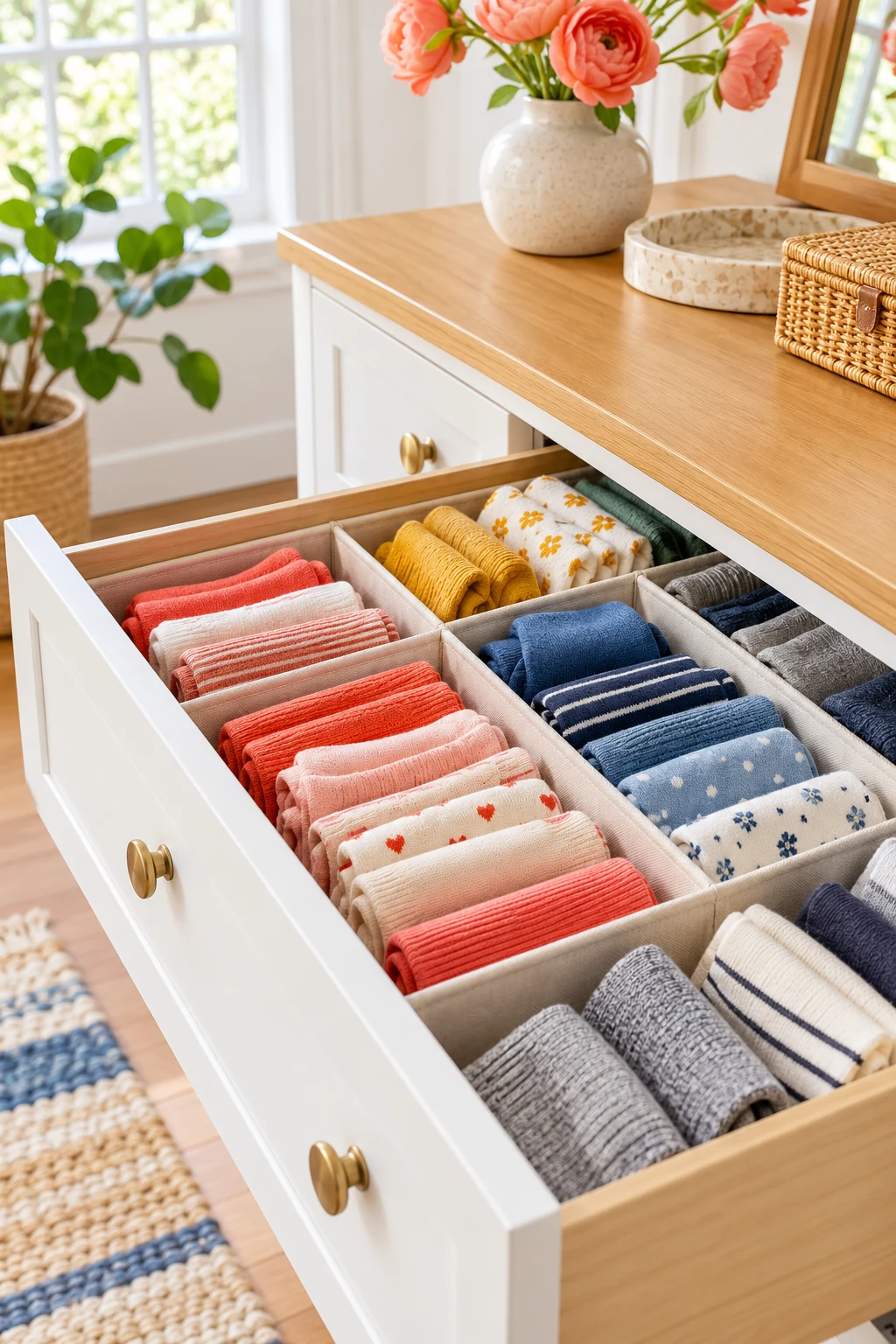 Open white dresser drawer with individually file-folded colorful socks and fabric dividers, coral and blue accents
