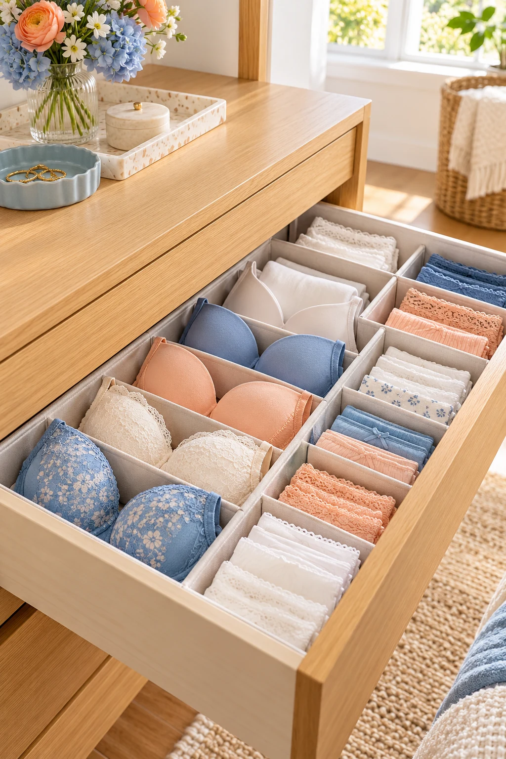 Lingerie drawer with structured bras nested without crushing cups and folded underwear in separate compartments, sky blue and peach accents