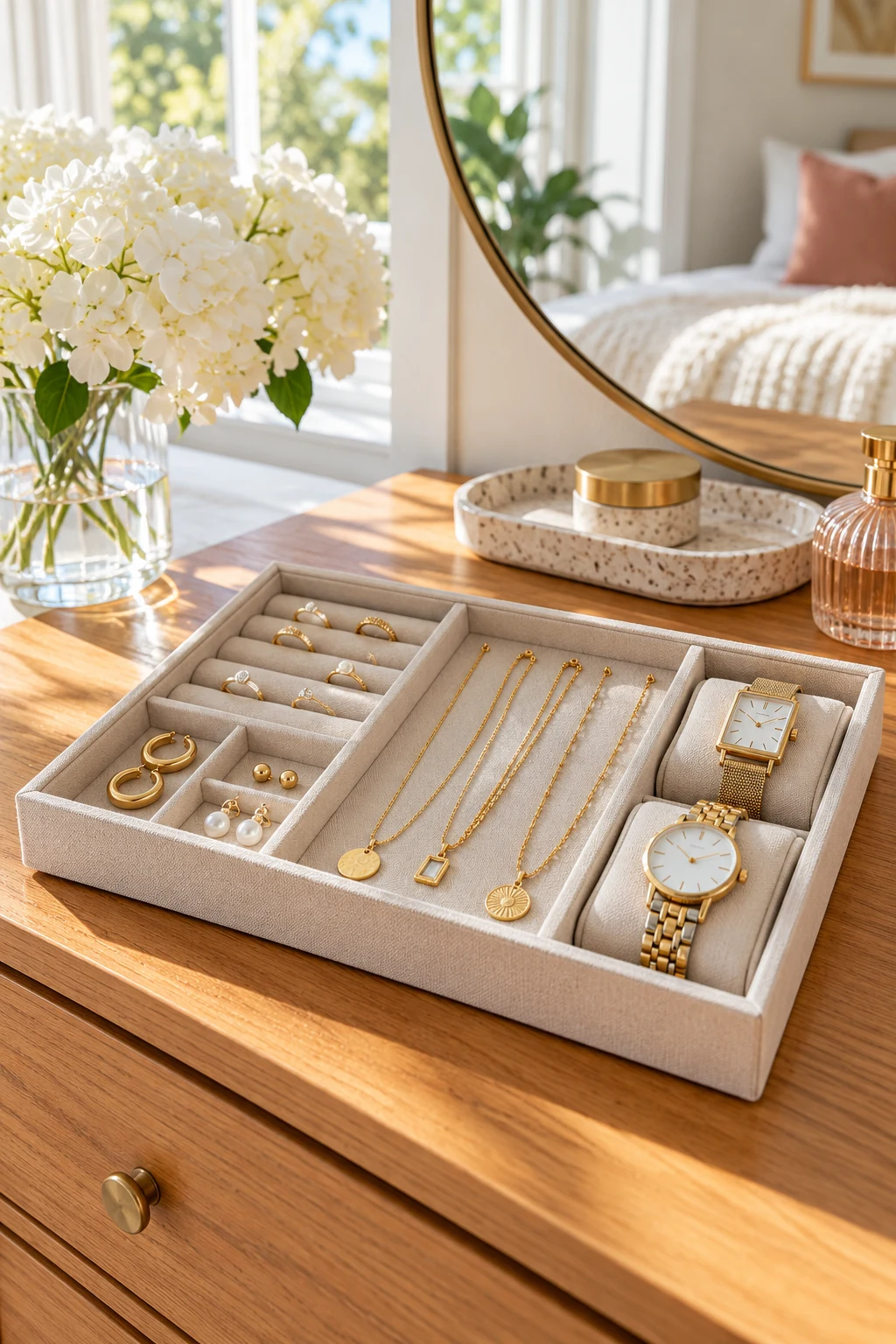 Shallow divided jewelry and watch tray on a sunny dresser, distinct gold-tone necklaces and watches without branding