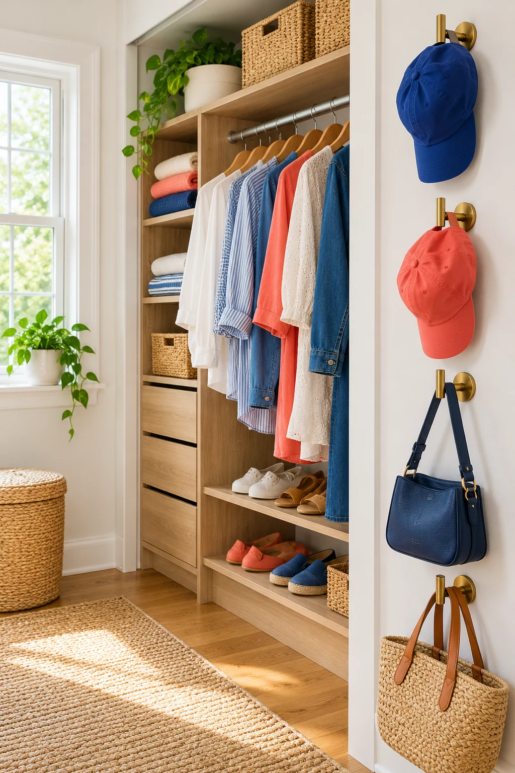 Secure closet side-wall hooks holding handbags and baseball caps with clear spacing, cobalt and coral accents