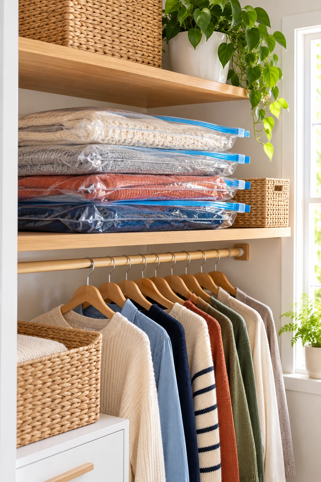 Flat compression bags of clean seasonal clothing on a sturdy closet shelf, bright blue zipper edges, no labels