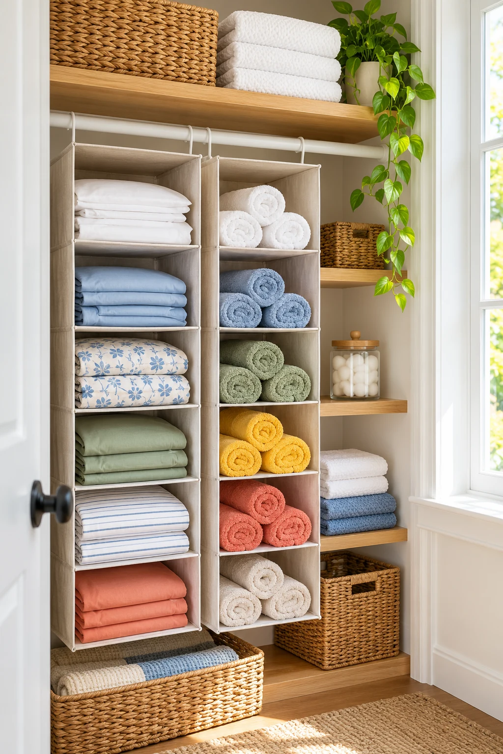 Fabric hanging cubbies storing pillowcase sets and rolled hand towels, sunny linen closet