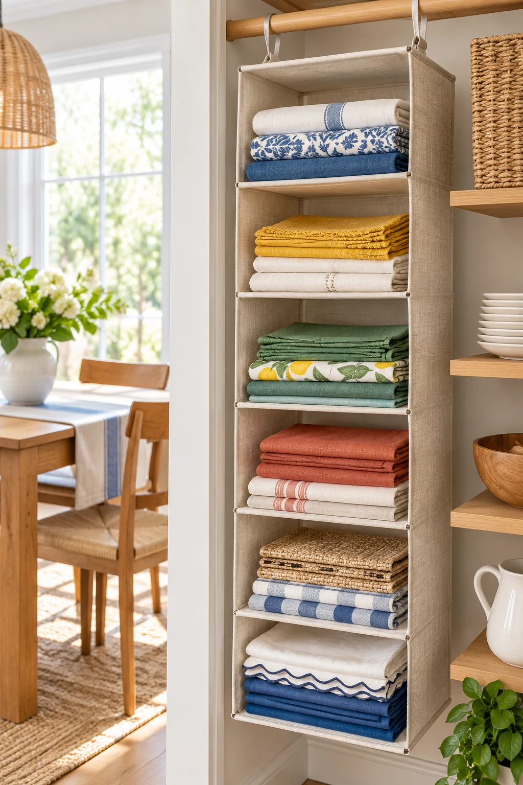 Hanging shelf organizer holding folded table linens and napkins with different textures, bright dining storage