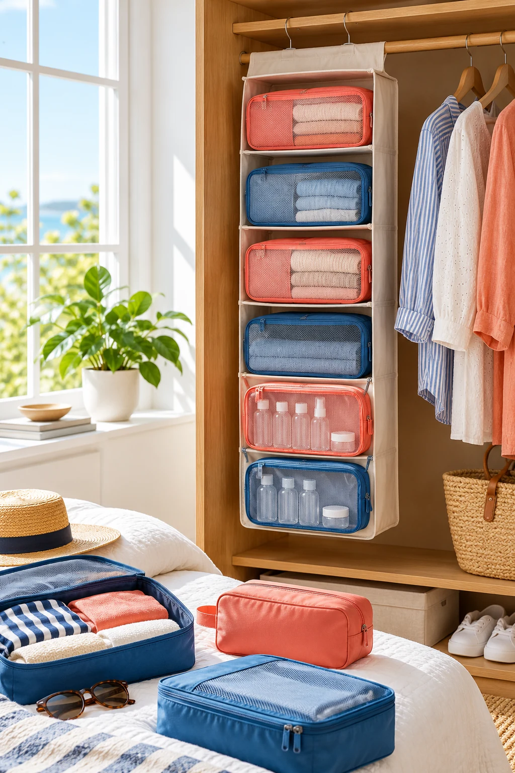 Hanging organizer with travel packing cubes and empty toiletry pouches, coral and blue travel accessories