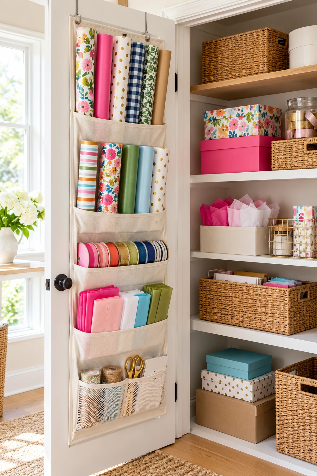 Tall hanging gift-wrap pockets holding paper rolls, ribbon and tissue without lettering, cheerful craft closet