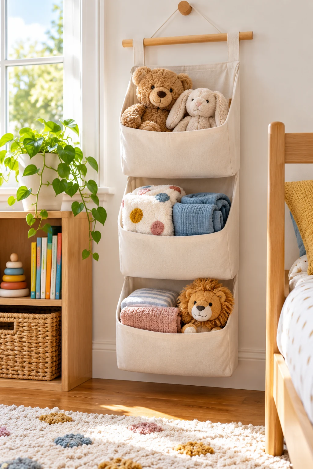 Low hanging fabric organizer storing a few plush toys and small children's blankets, safely secured and accessible