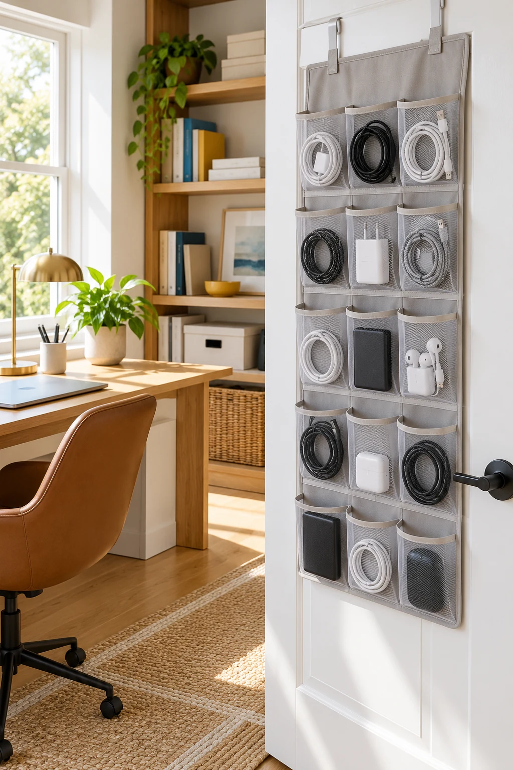 Hanging door pockets for coiled charging cables and small electronics, all unplugged, tidy practical office