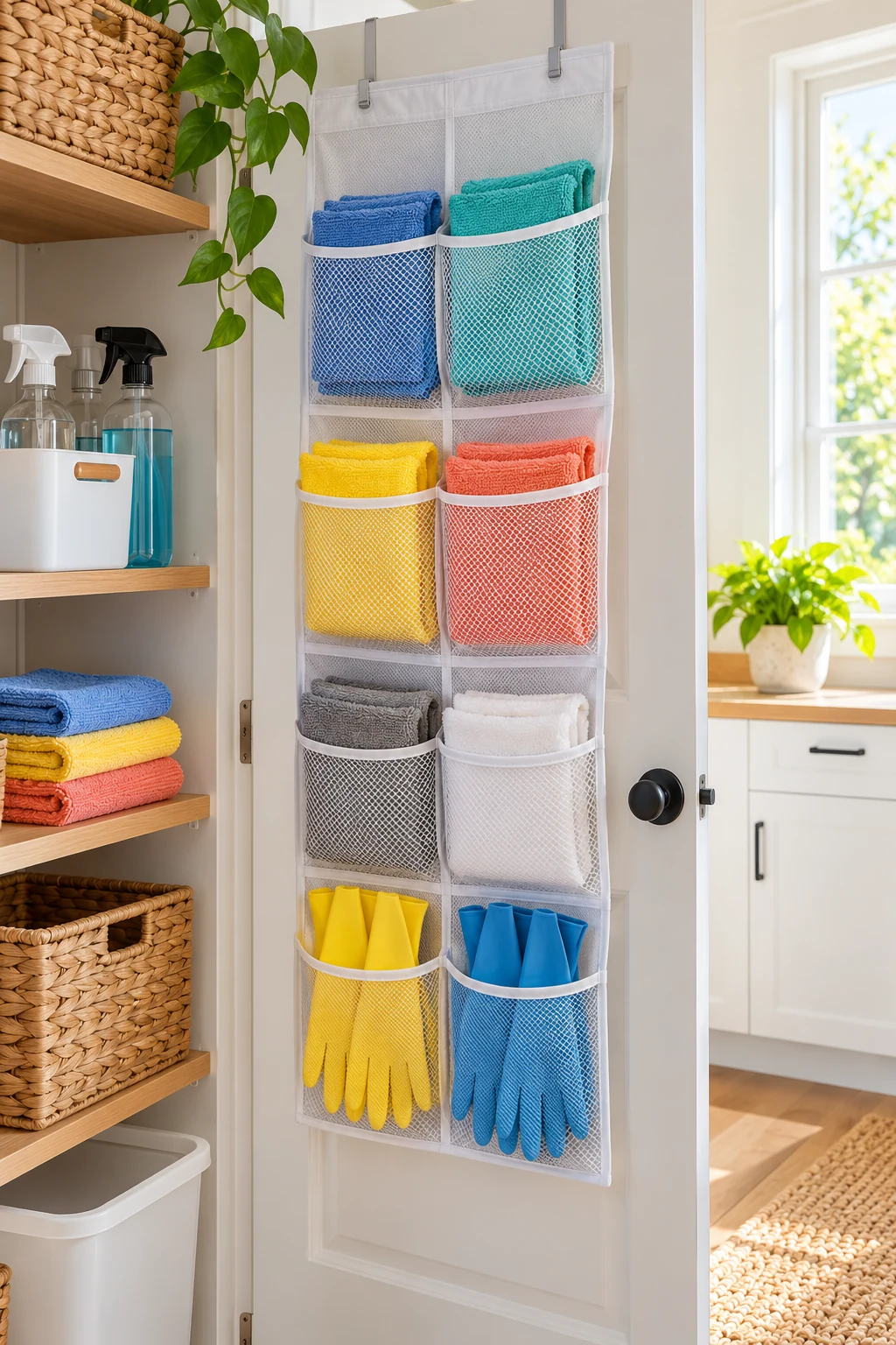 Washable hanging mesh pockets for clean dry microfiber cloths and empty cleaning gloves, away from food storage