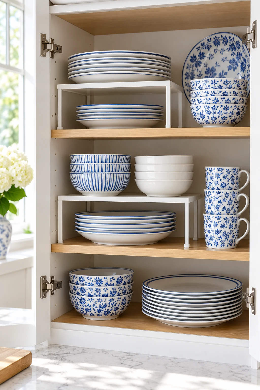 White kitchen cabinet with plate stacks on sturdy shelf risers, blue and white ceramics with ample clearance