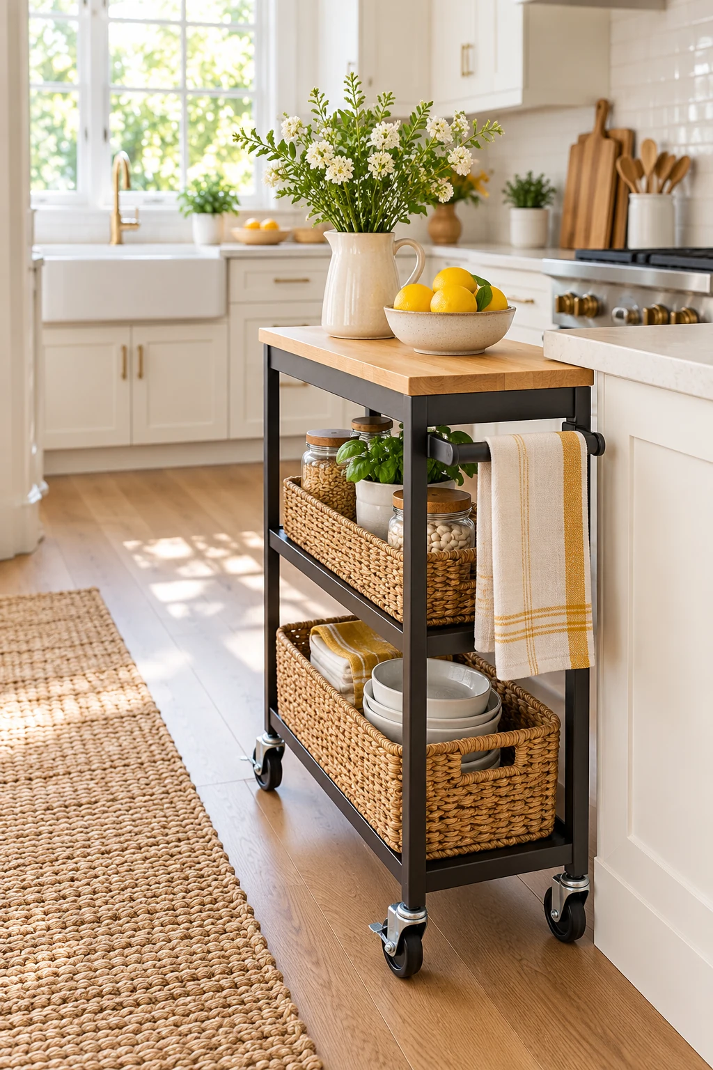 Narrow wheeled kitchen cart with locking casters, towels and baskets, bright kitchen with clear walkway