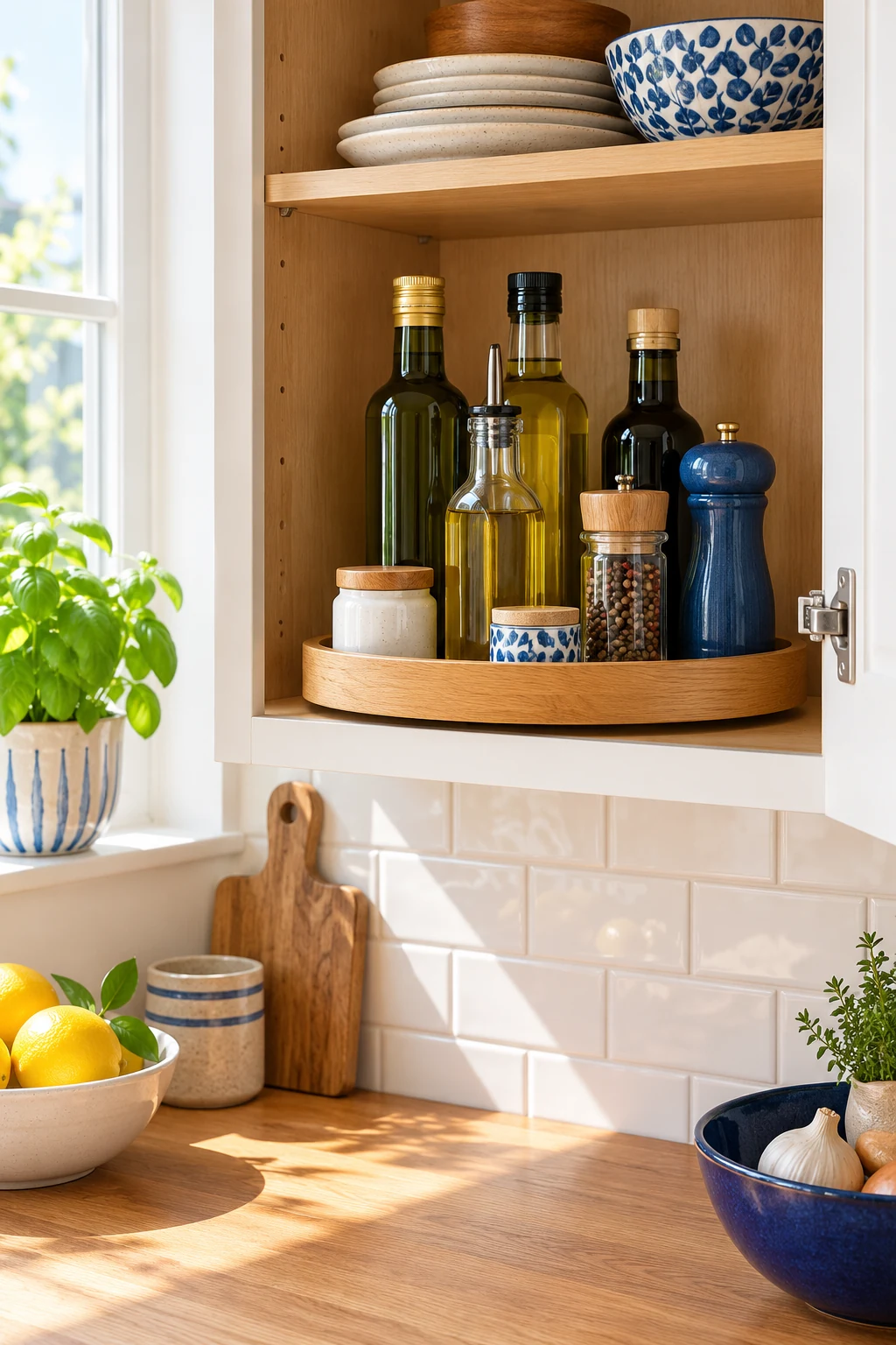 Small cabinet turntable holding oil and condiment bottles securely behind a low rim, blue and amber accents