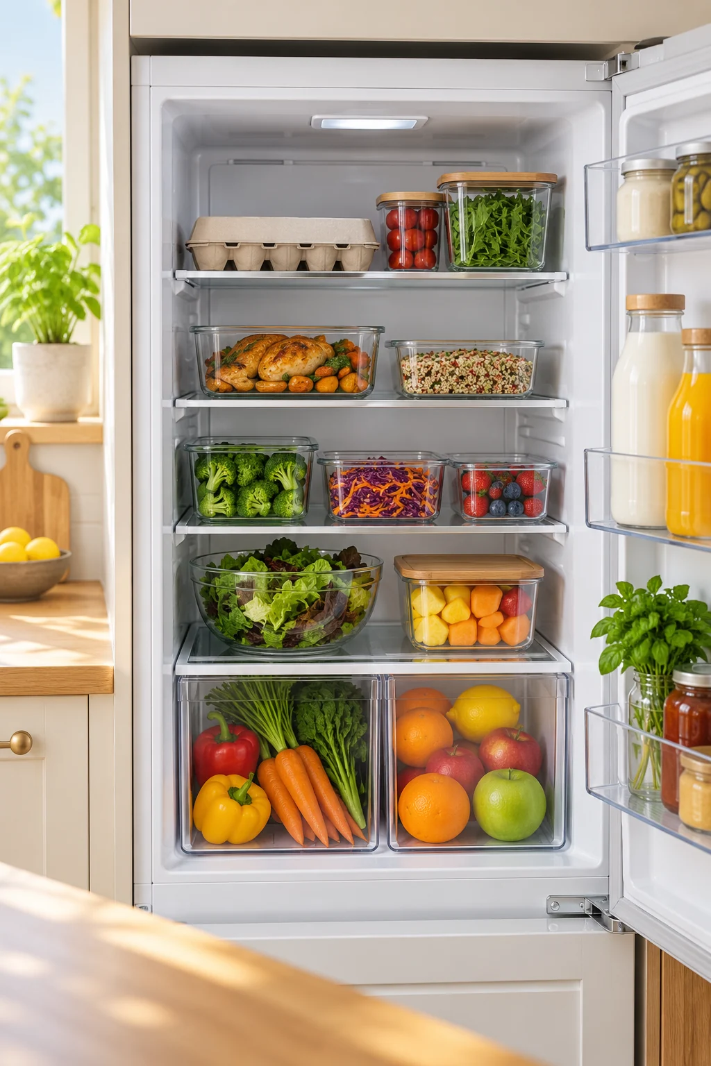 Open refrigerator with eggs in original closed carton on an interior shelf, cooked food safely separated