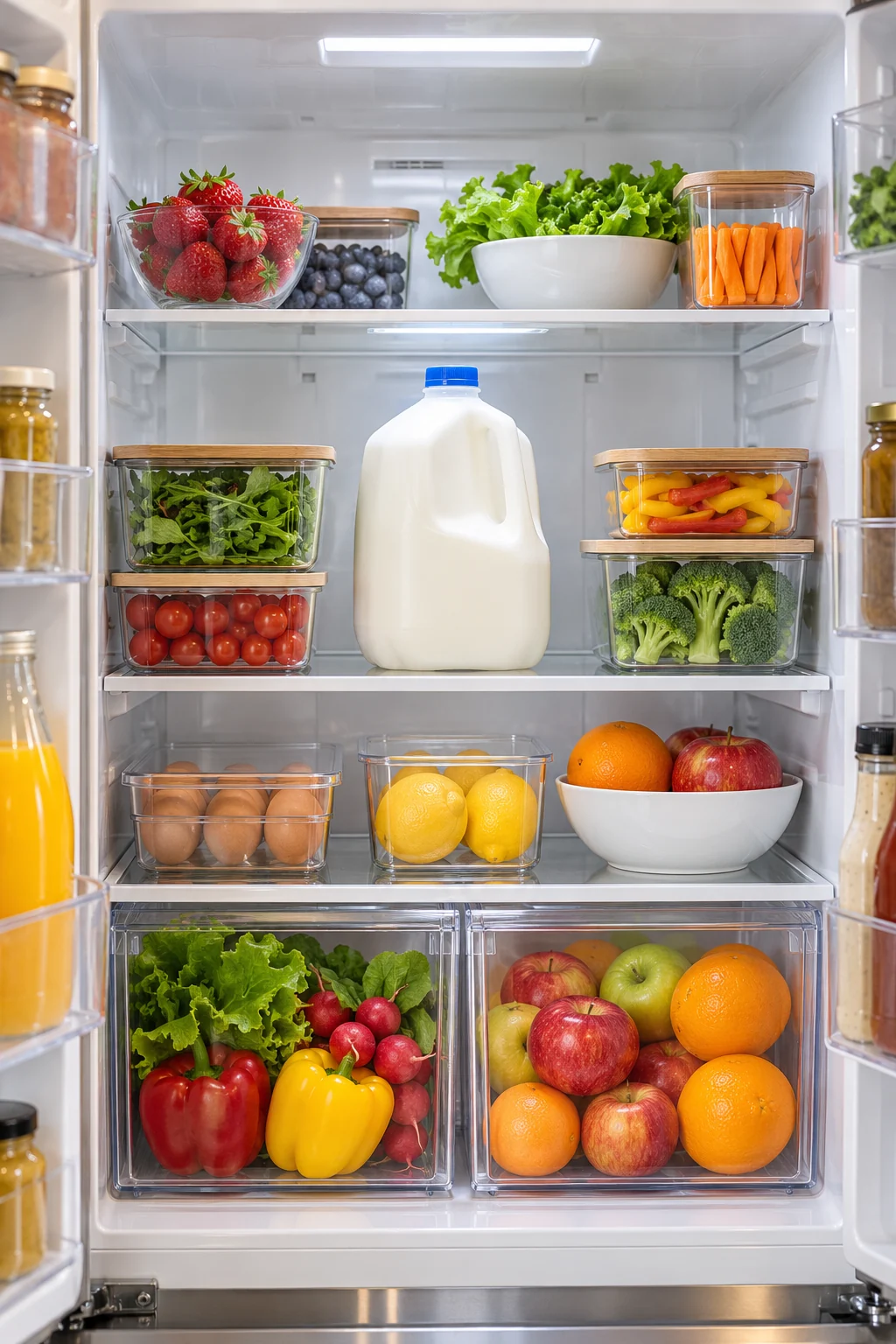 Refrigerator interior showing a milk jug on a central shelf away from door, clear airflow and colorful produce
