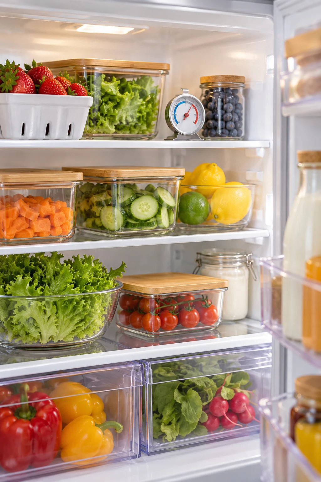Small unbranded refrigerator thermometer mounted visibly on an interior shelf, no legible numeric readout required