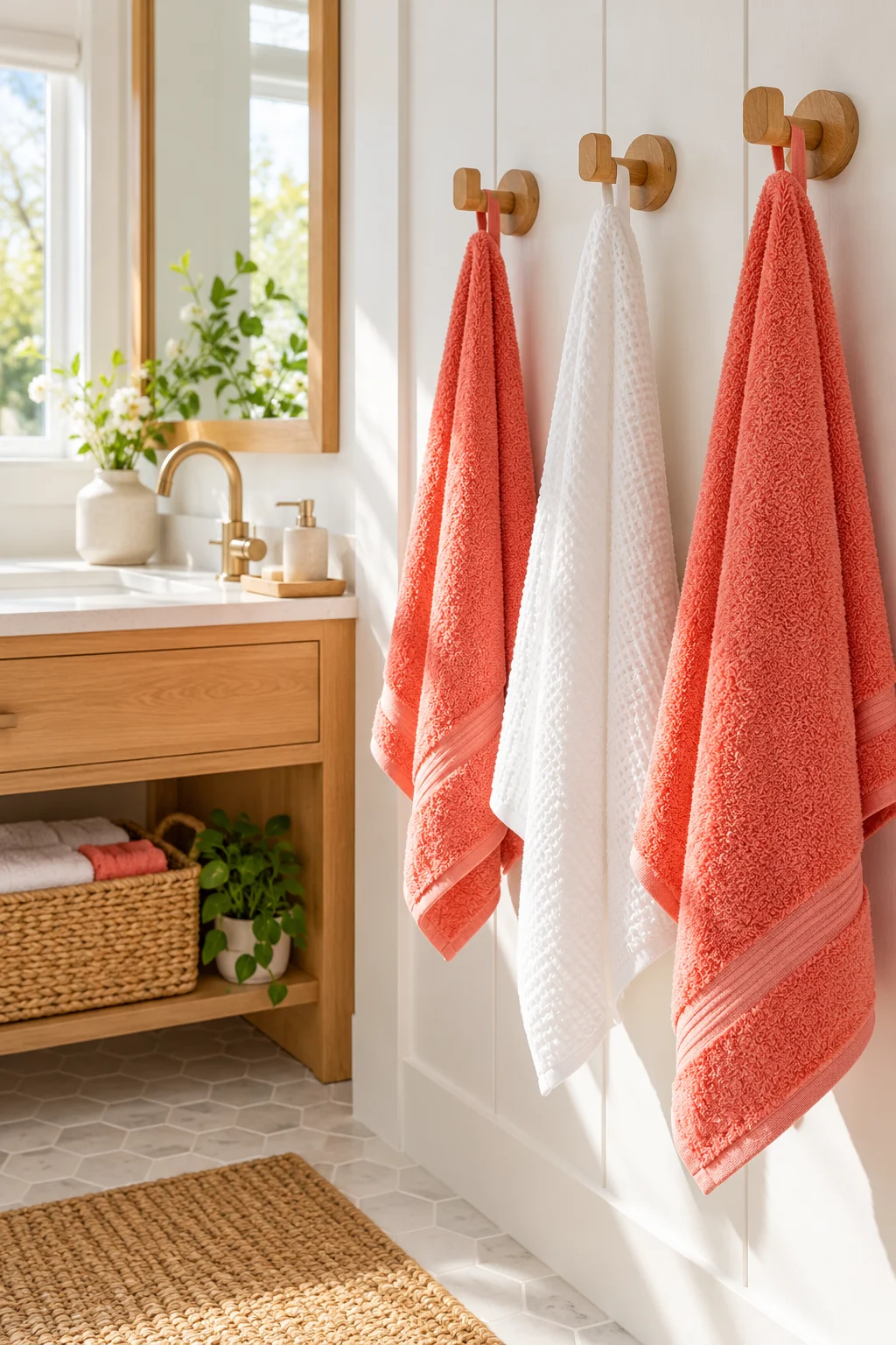 Sunlit bathroom towel hooks with separately hanging towels that have room to dry, coral and white textiles