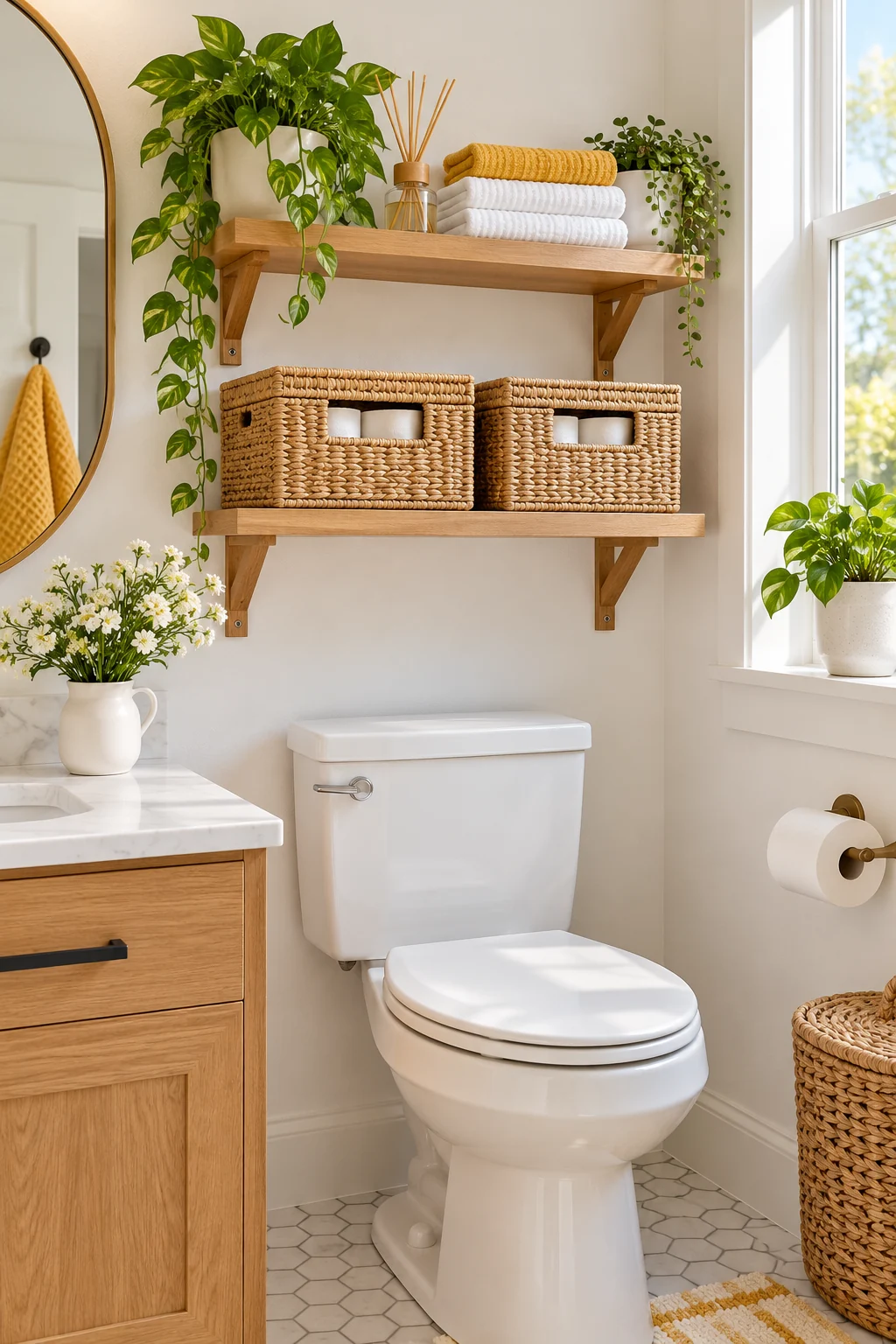 Secure wall-mounted over-toilet shelf with towels and covered toilet paper baskets, bright clean bathroom
