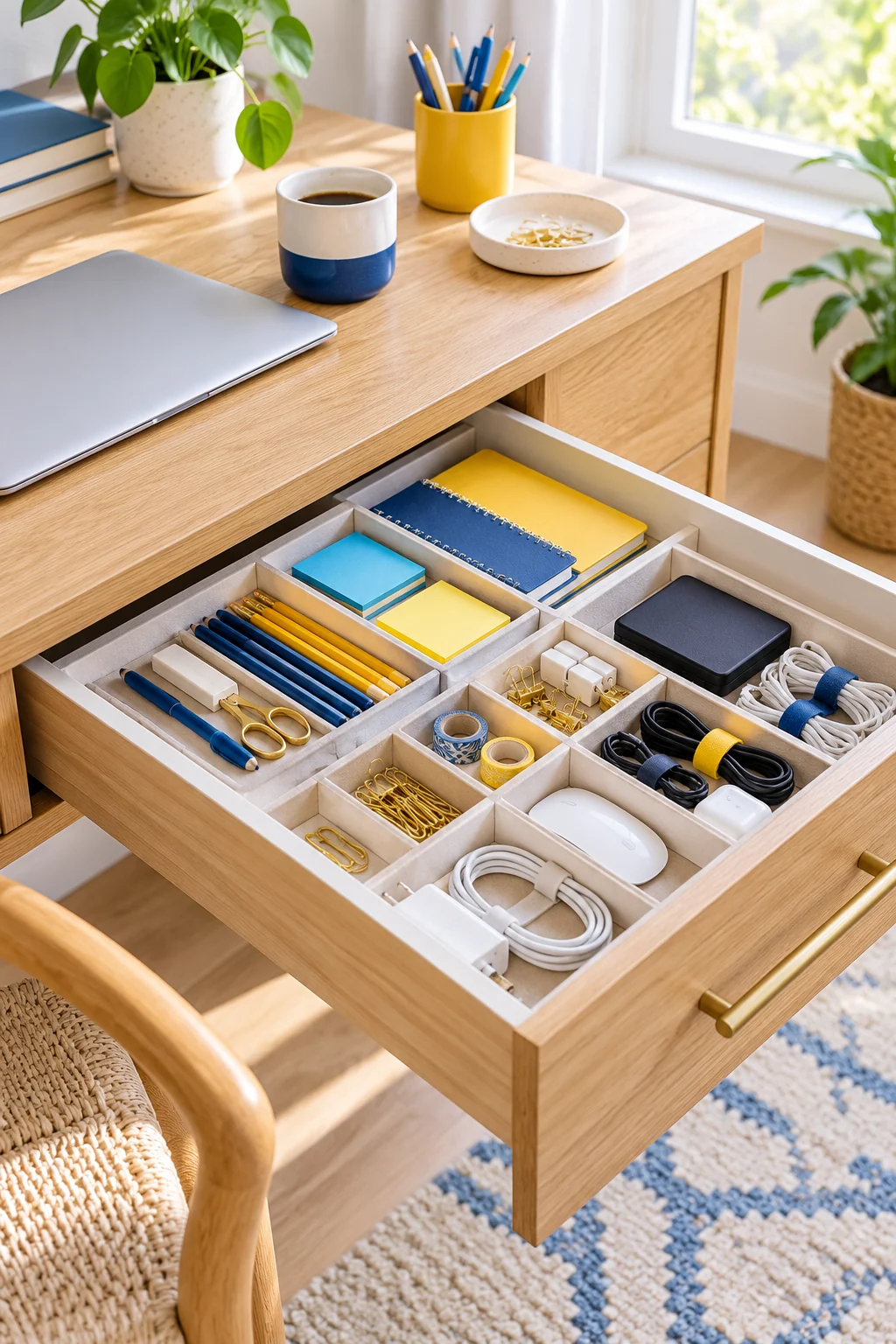 Office drawer with neatly separated stationery and unplugged electronics accessories, blue and yellow accents