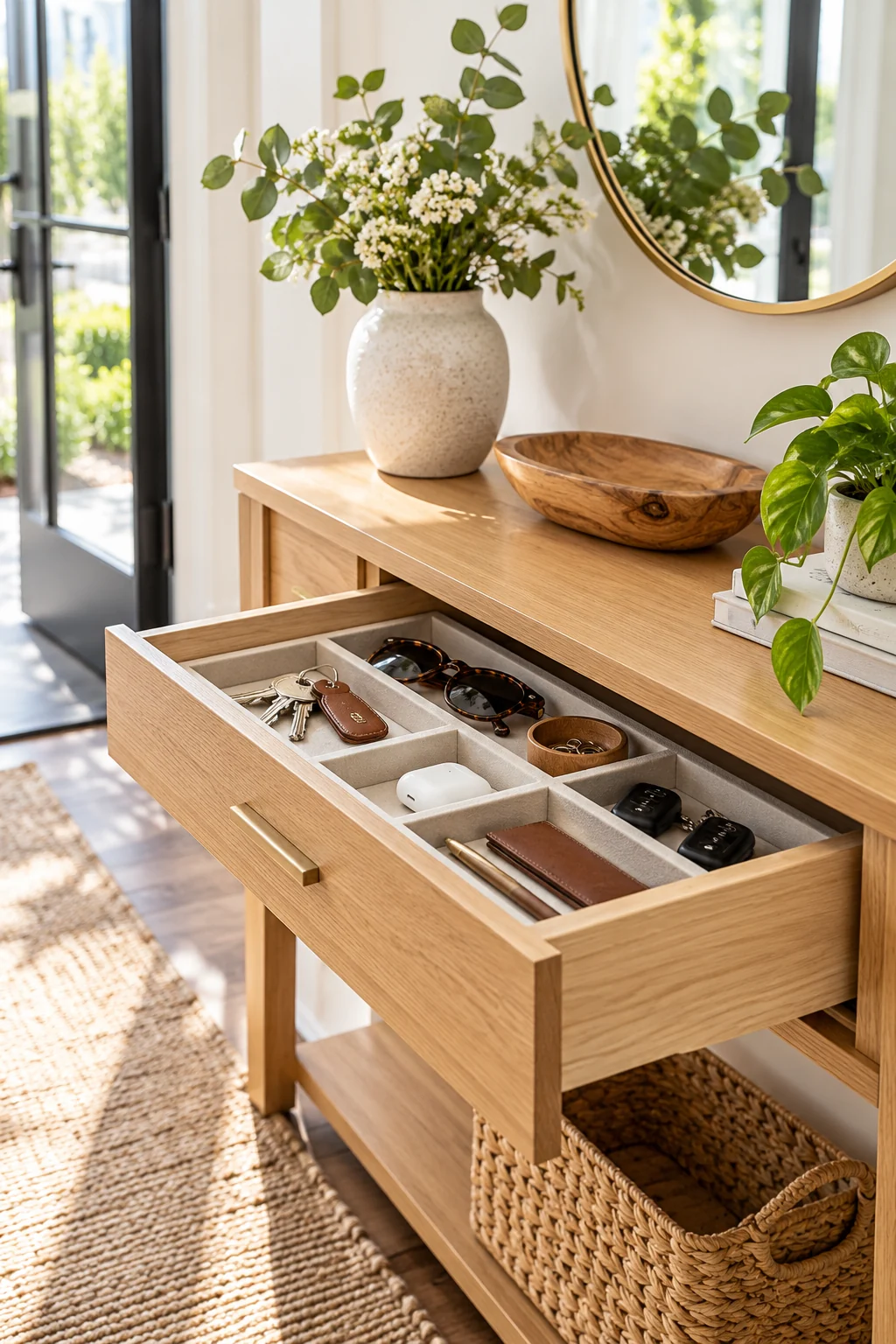 Entryway drawer with shallow tray for keys, sunglasses and remotes, sunny white oak console
