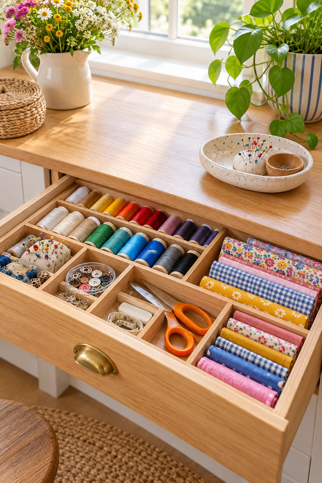 Craft and mending drawer with separated thread spools, fabric scraps and scissors stored safely, vivid but orderly colors