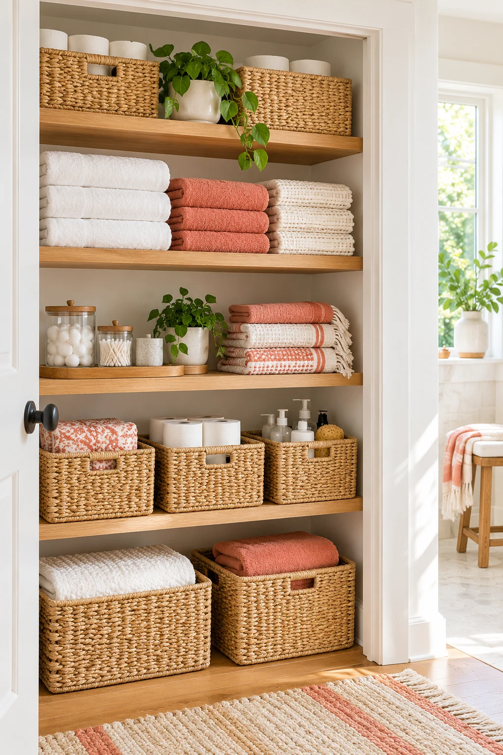 Open linen closet with airy towel shelves and separate backstock baskets, warm oak and coral textiles