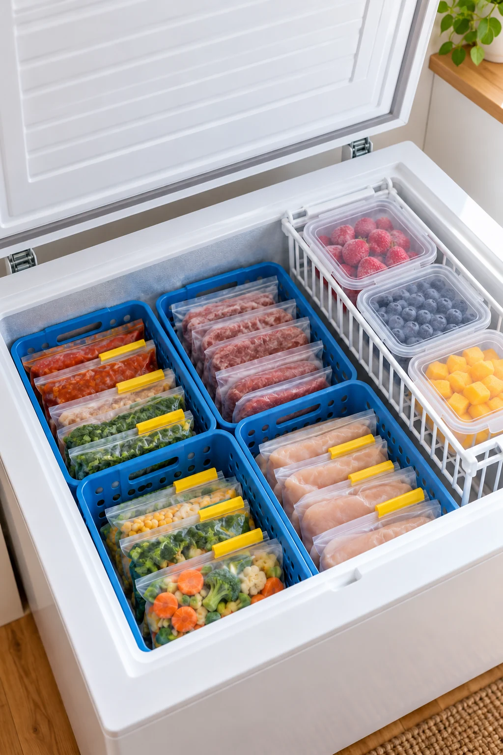 Chest freezer with blue baskets of sealed food and lidded fruit containers.