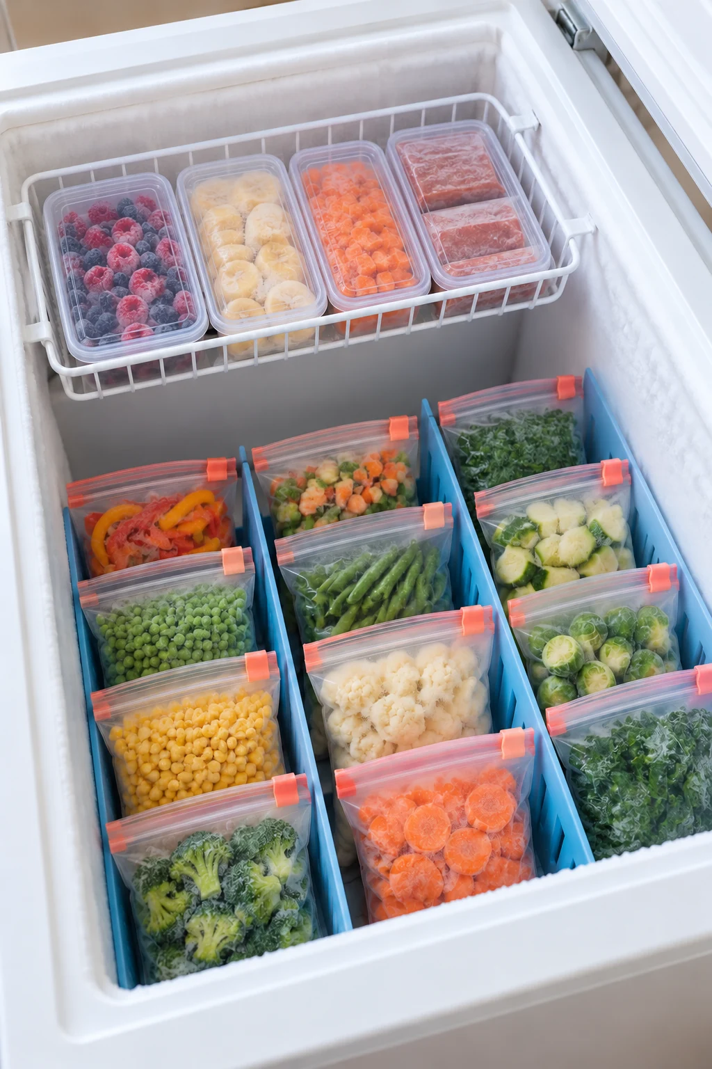 Frozen vegetable bags filed in blue dividers beneath a hanging basket.