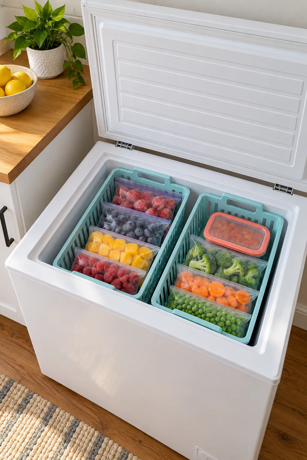Compact chest freezer with aqua baskets of sealed fruit and vegetables.