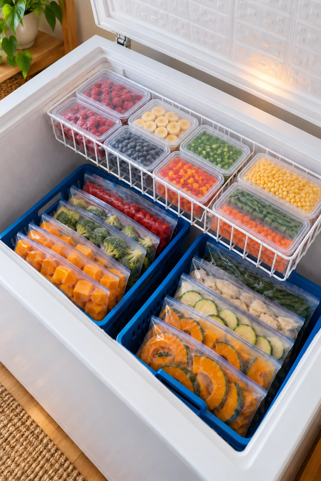 Two-level freezer storage with blue crates and a white hanging basket.