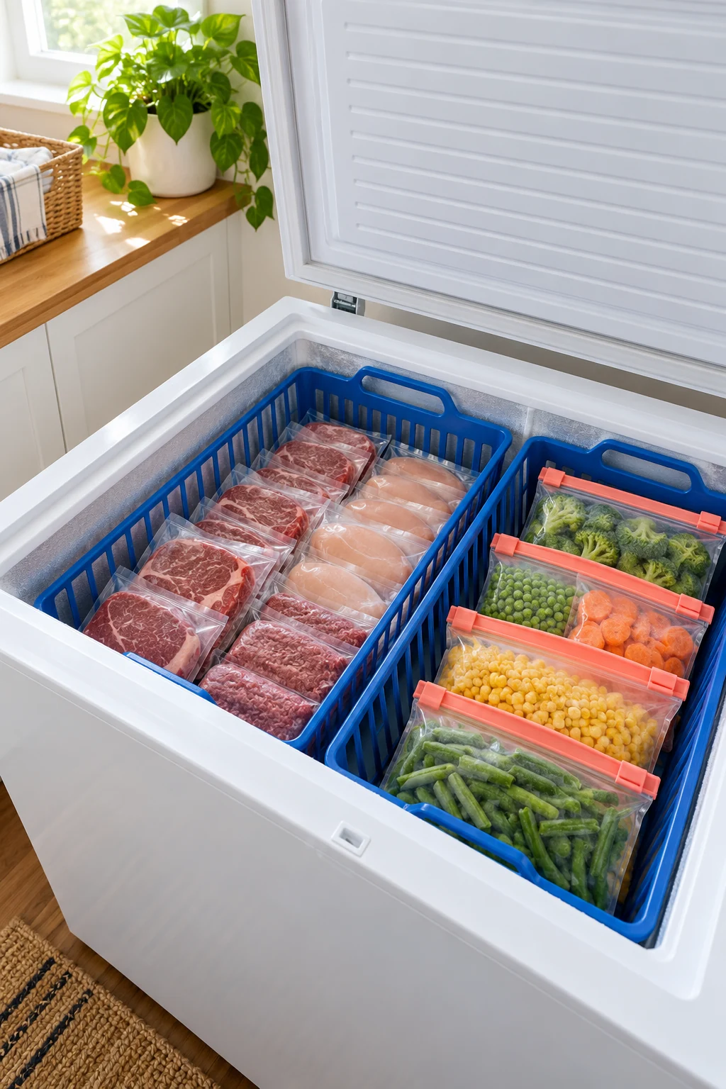 Separate cobalt freezer baskets hold sealed meat and vegetable packs.