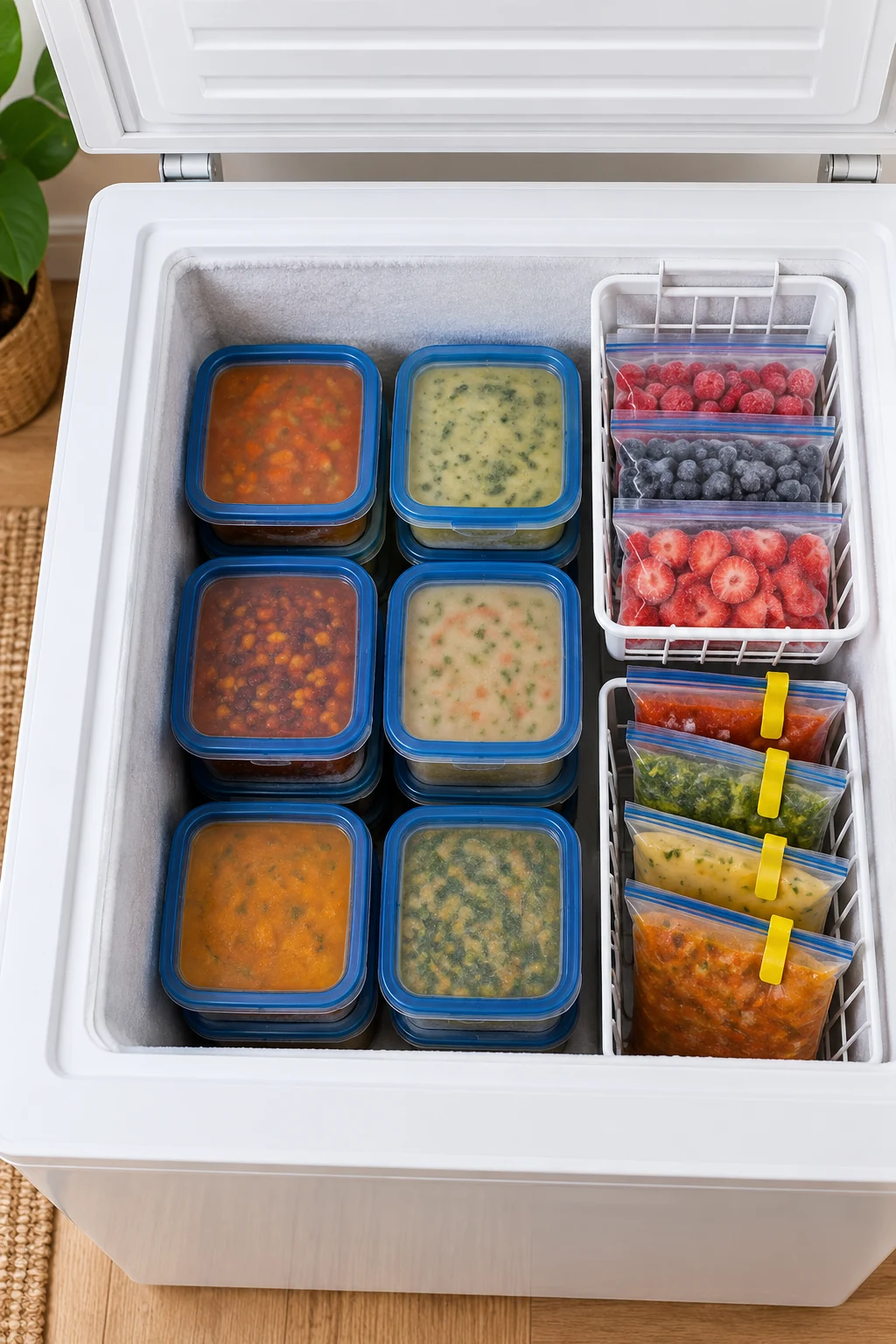 Blue-lidded meal containers and upright soup bags in a small freezer.