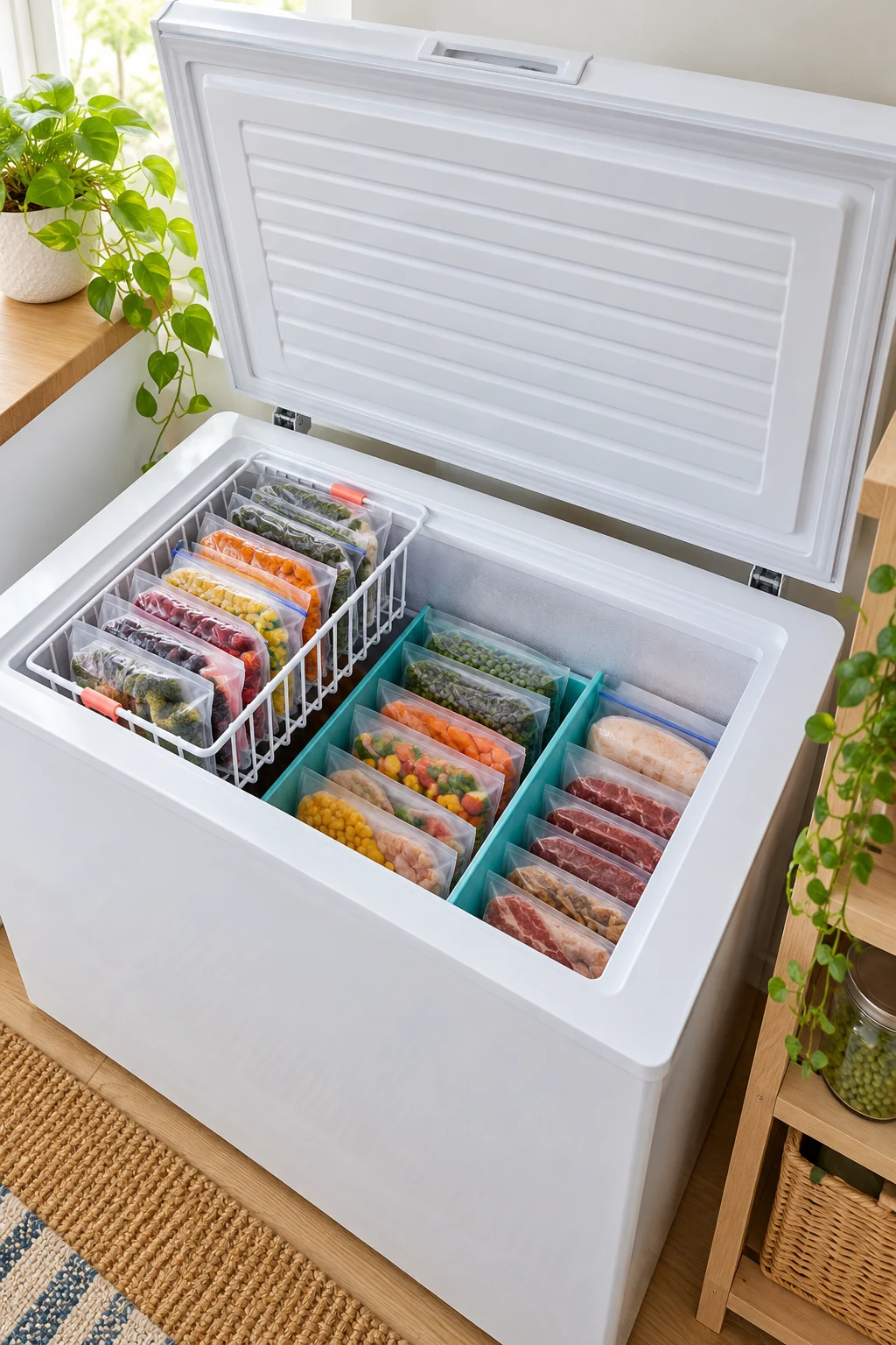 Sliding freezer basket reveals aqua dividers of sealed food below.