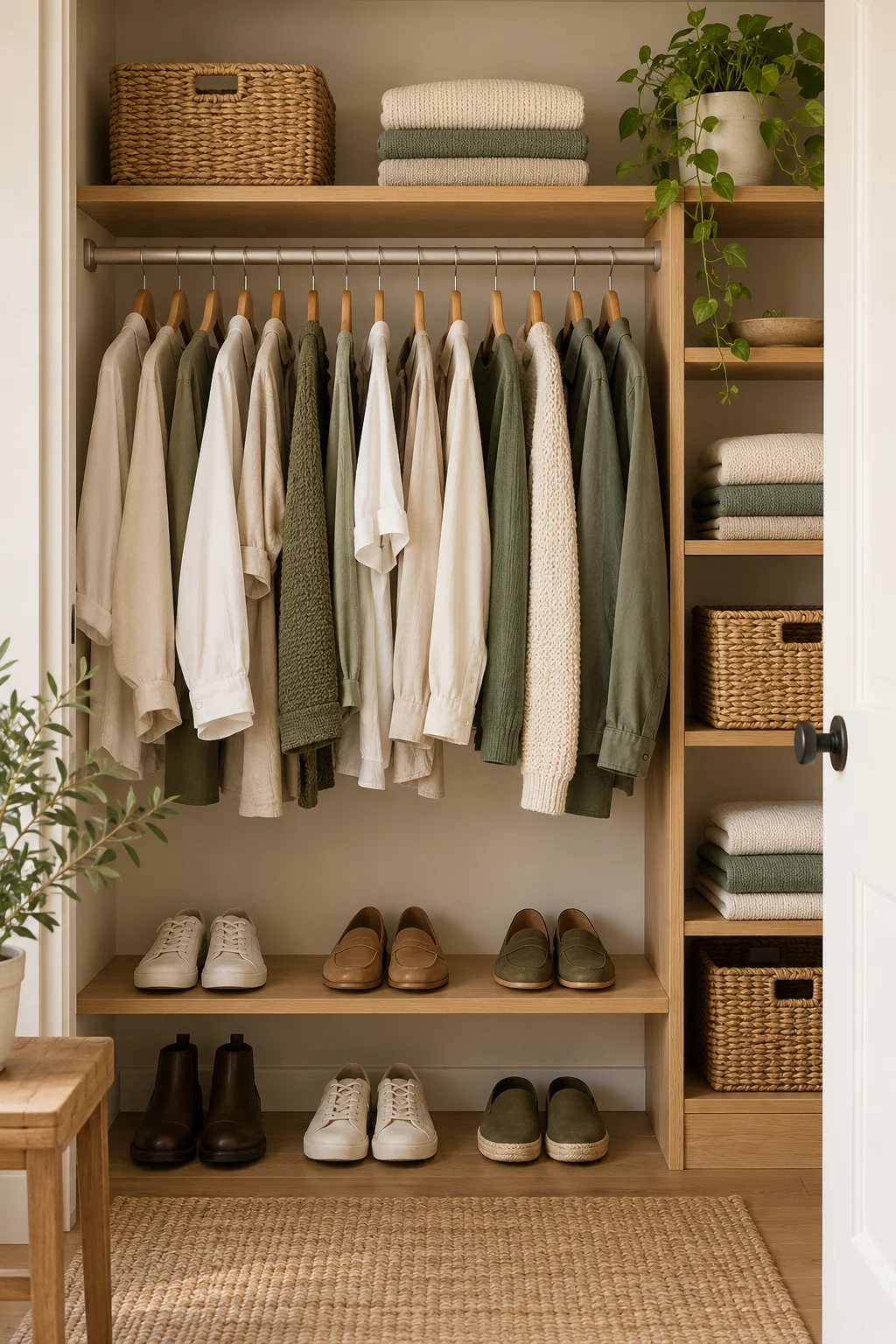 Organized closet with hanging clothing and practical shelves