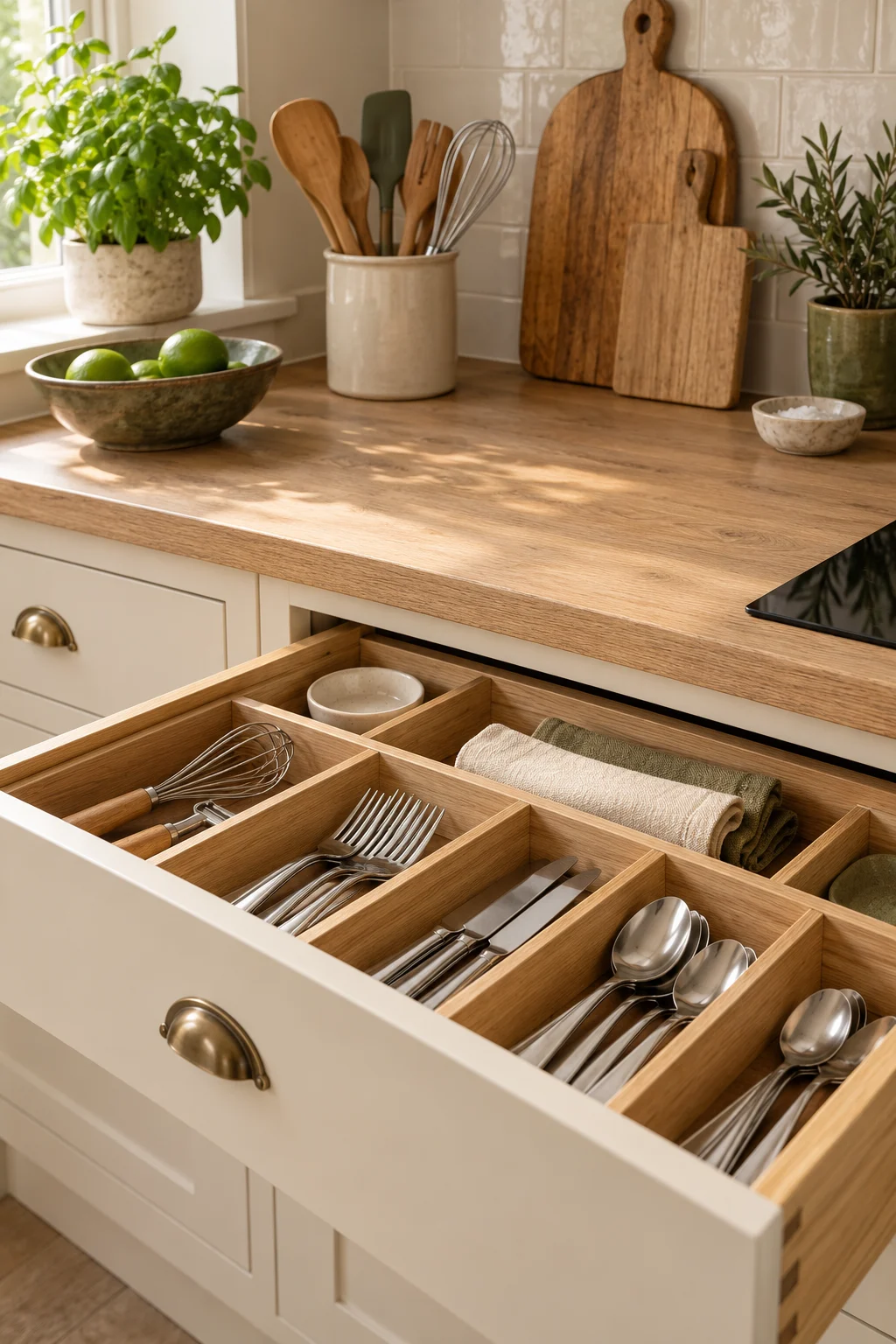 Divided kitchen drawer for utensils and everyday tools