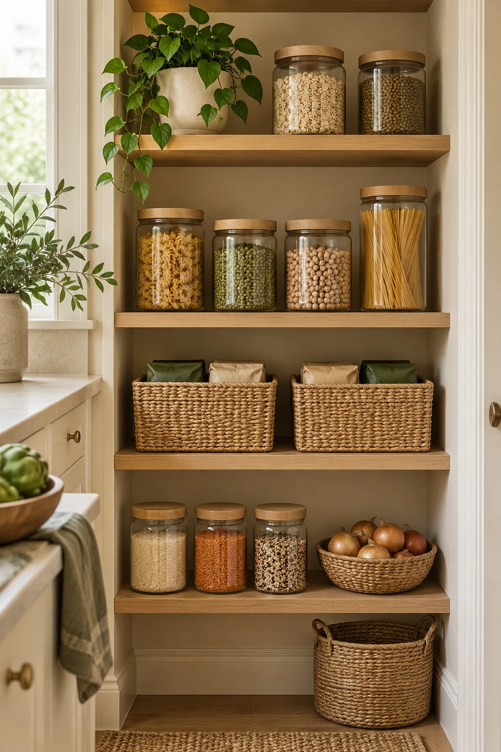 Pantry shelves with grouped jars and storage baskets